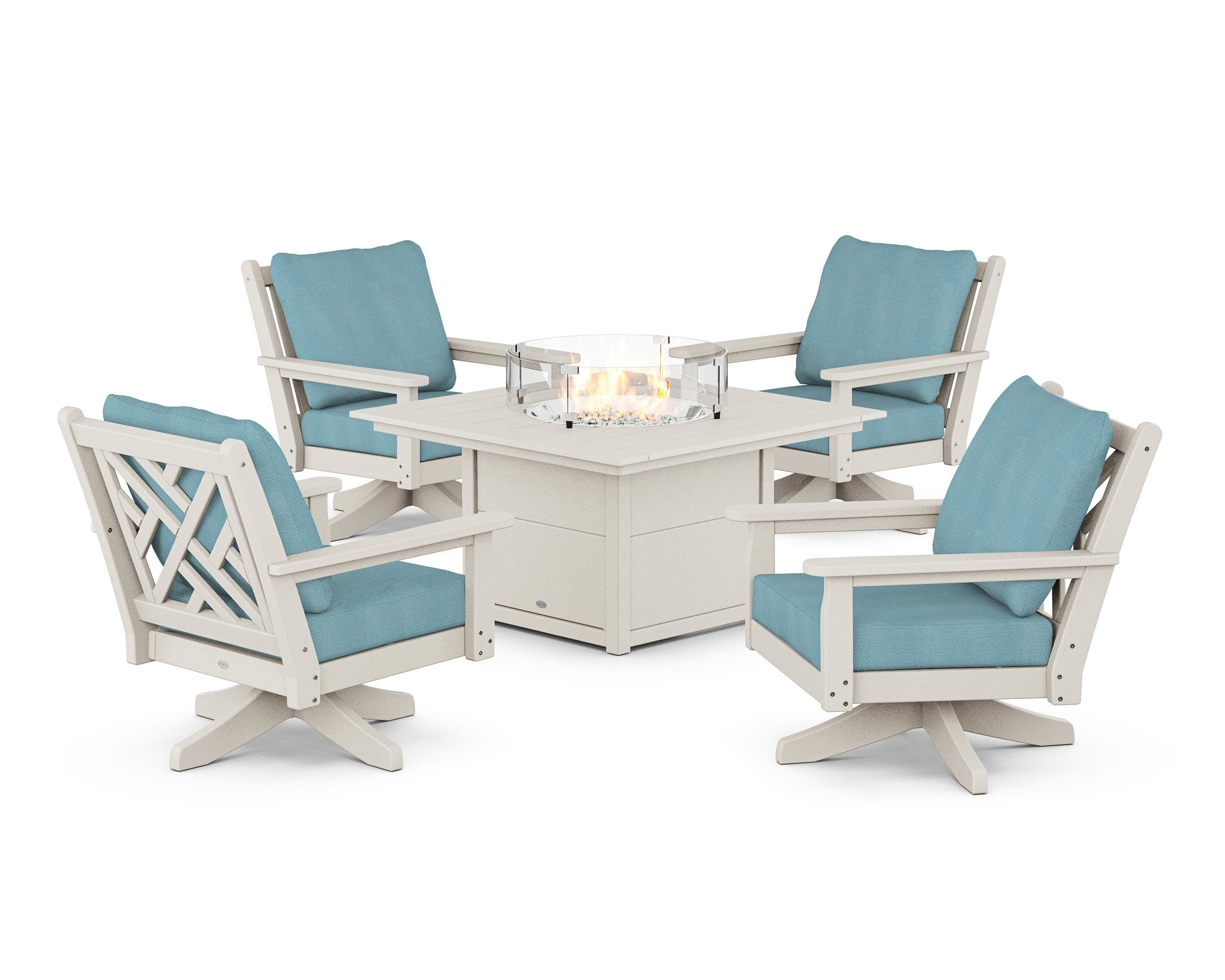 Chippendale 5-Piece Deep Seating Swivel Conversation Set with Fire Pit Table in Sand / Lattice Sky Blue