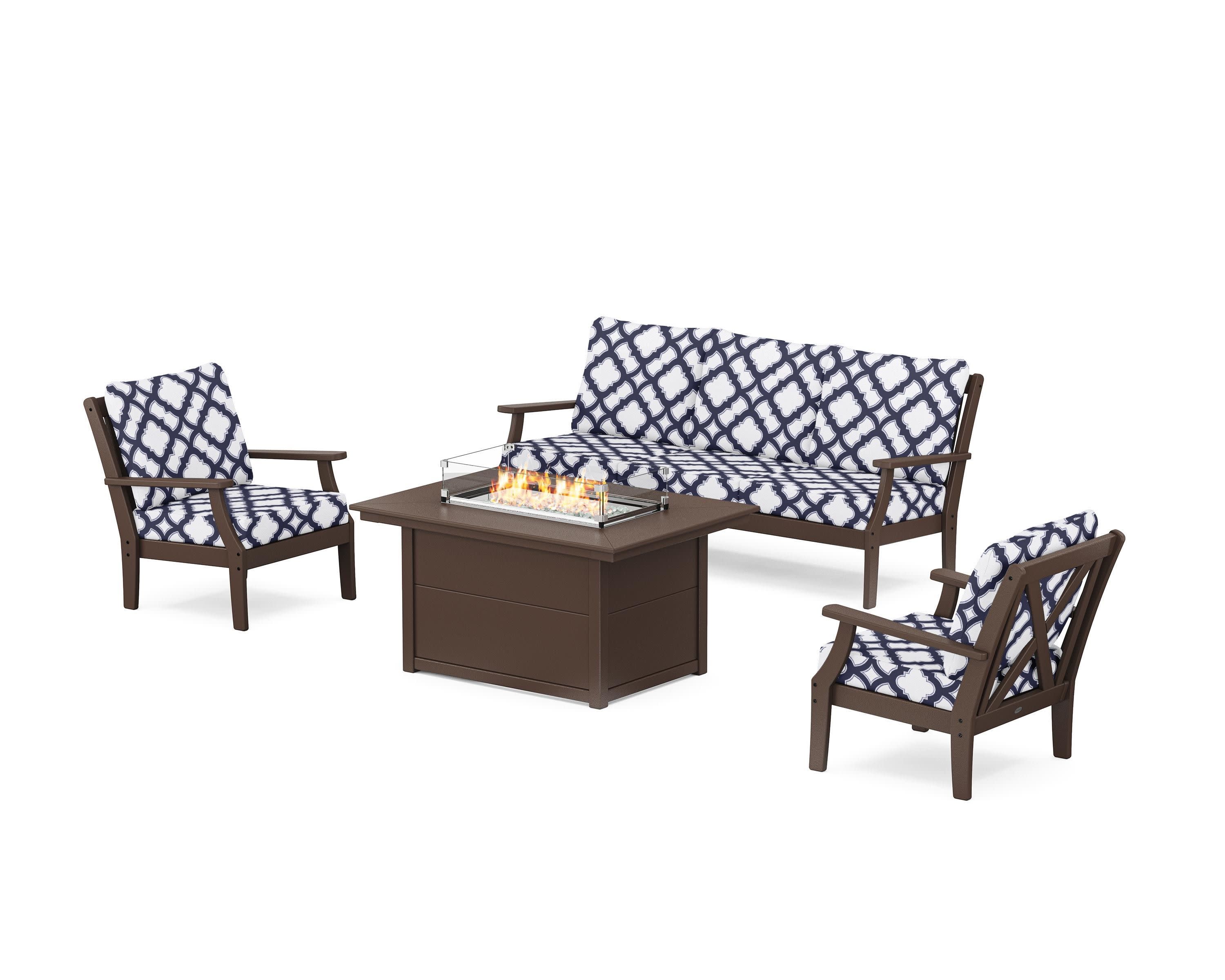 Braxton Deep Seating Fire Pit Table Set in Mahogany / Trellis Navy