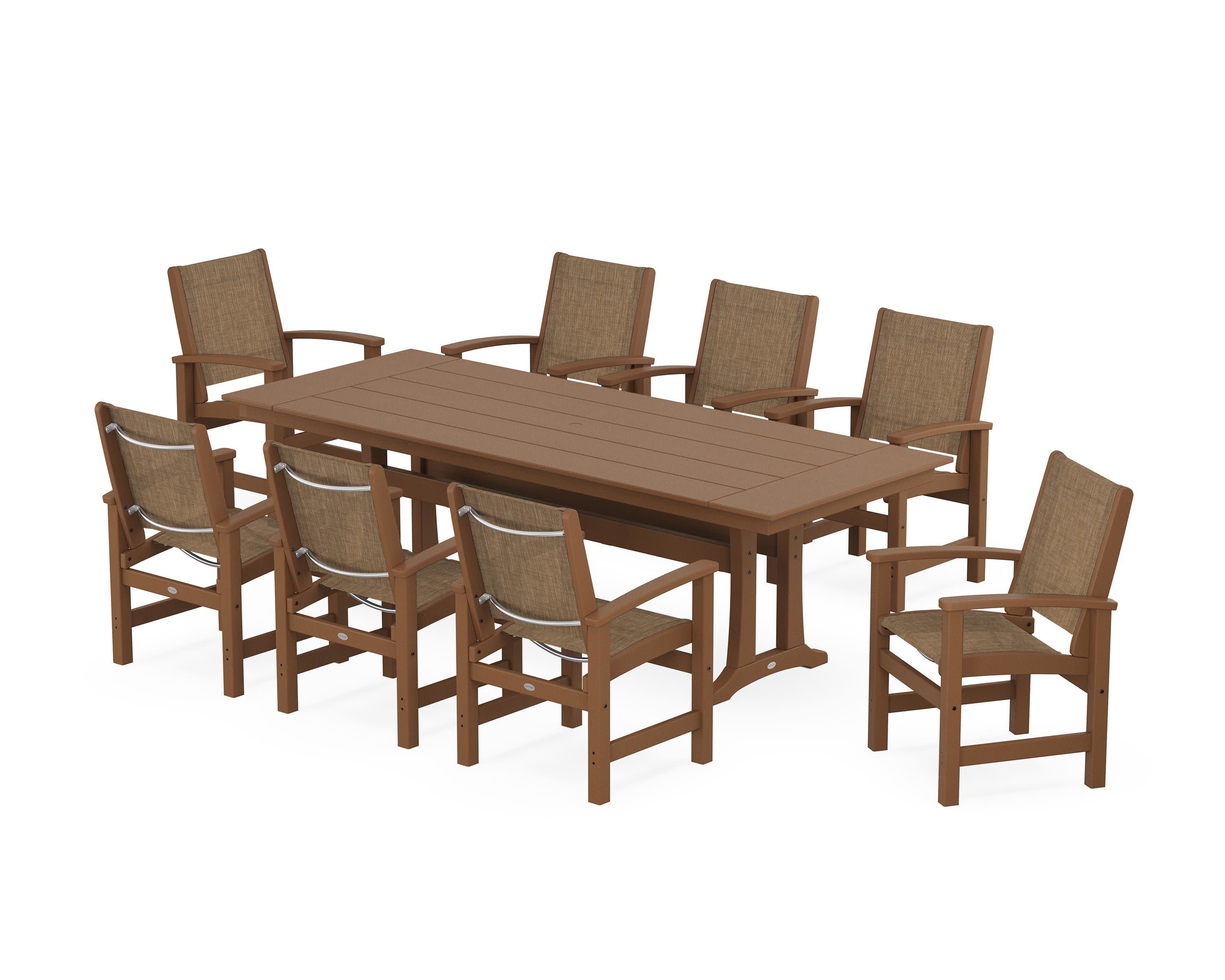 Coastal 9-Piece Farmhouse Dining Set with Trestle Legs in Teak / Burlap Sling