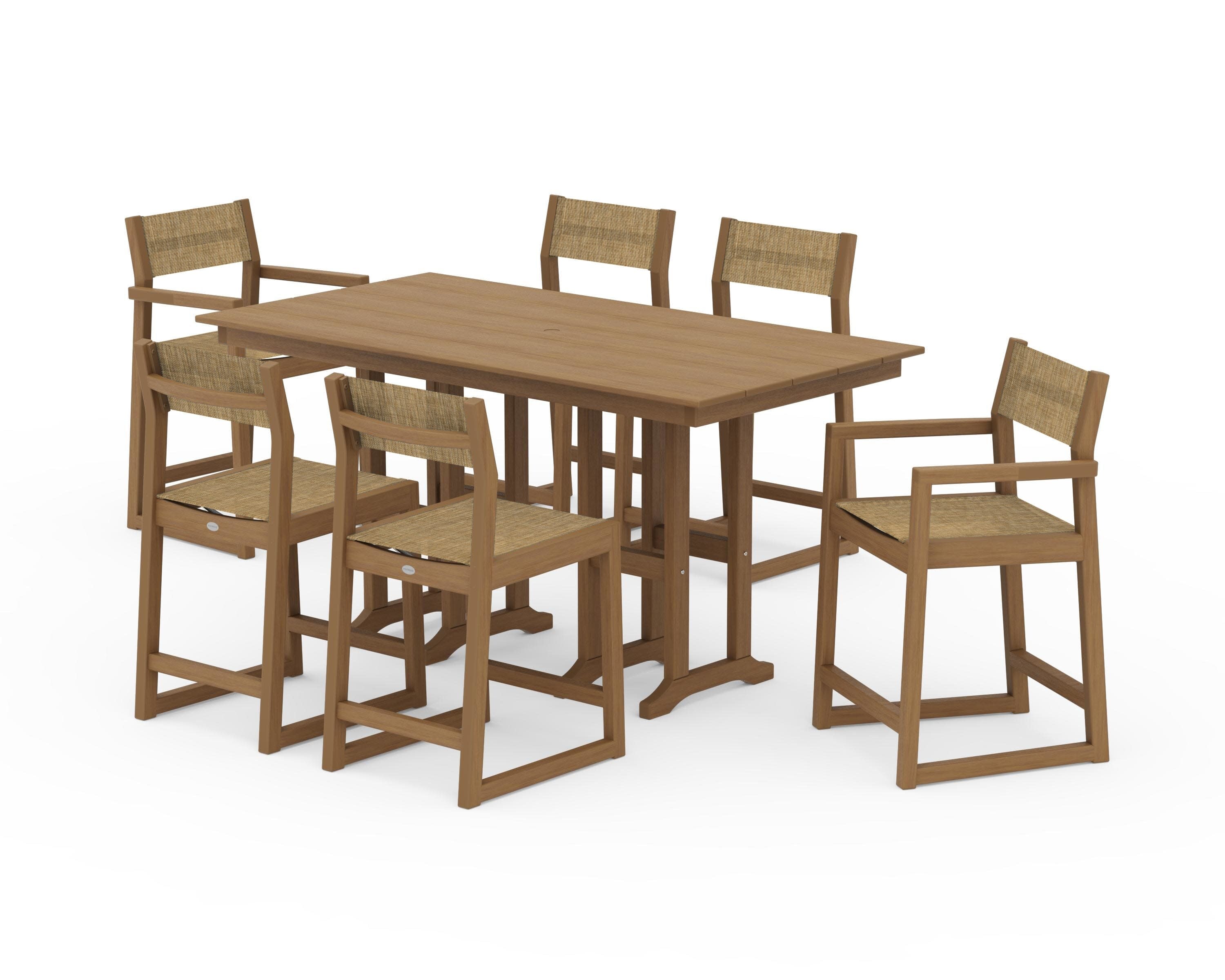 EDGE Sling 7-Piece Farmhouse Counter Set with Trestle Legs in Natural / Burlap Sling