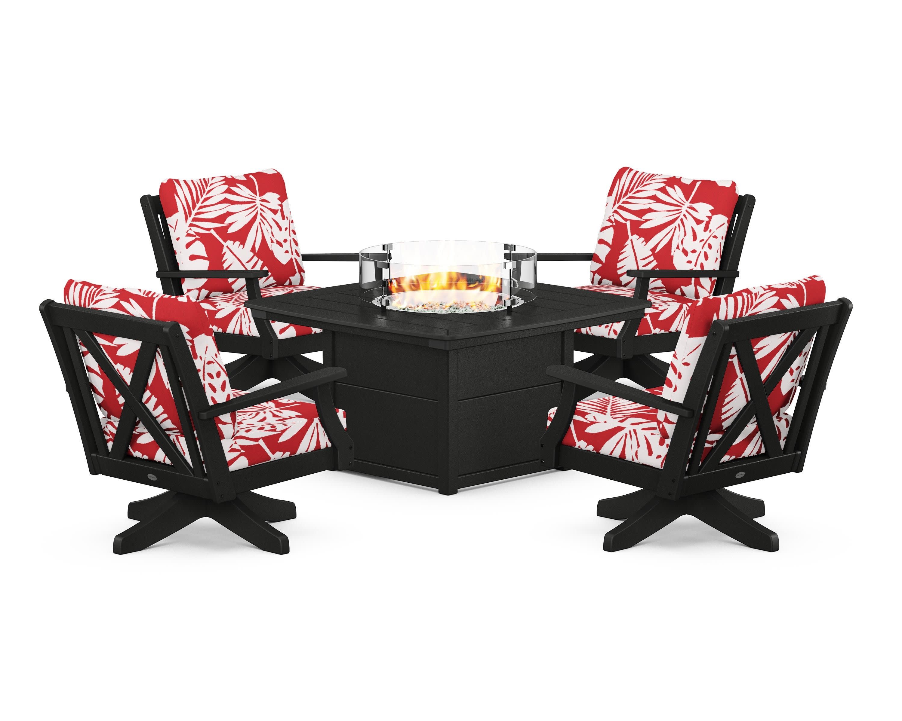 Braxton 5-Piece Deep Seating Swivel Conversation Set with Fire Pit Table in Black / Leaf Crimson