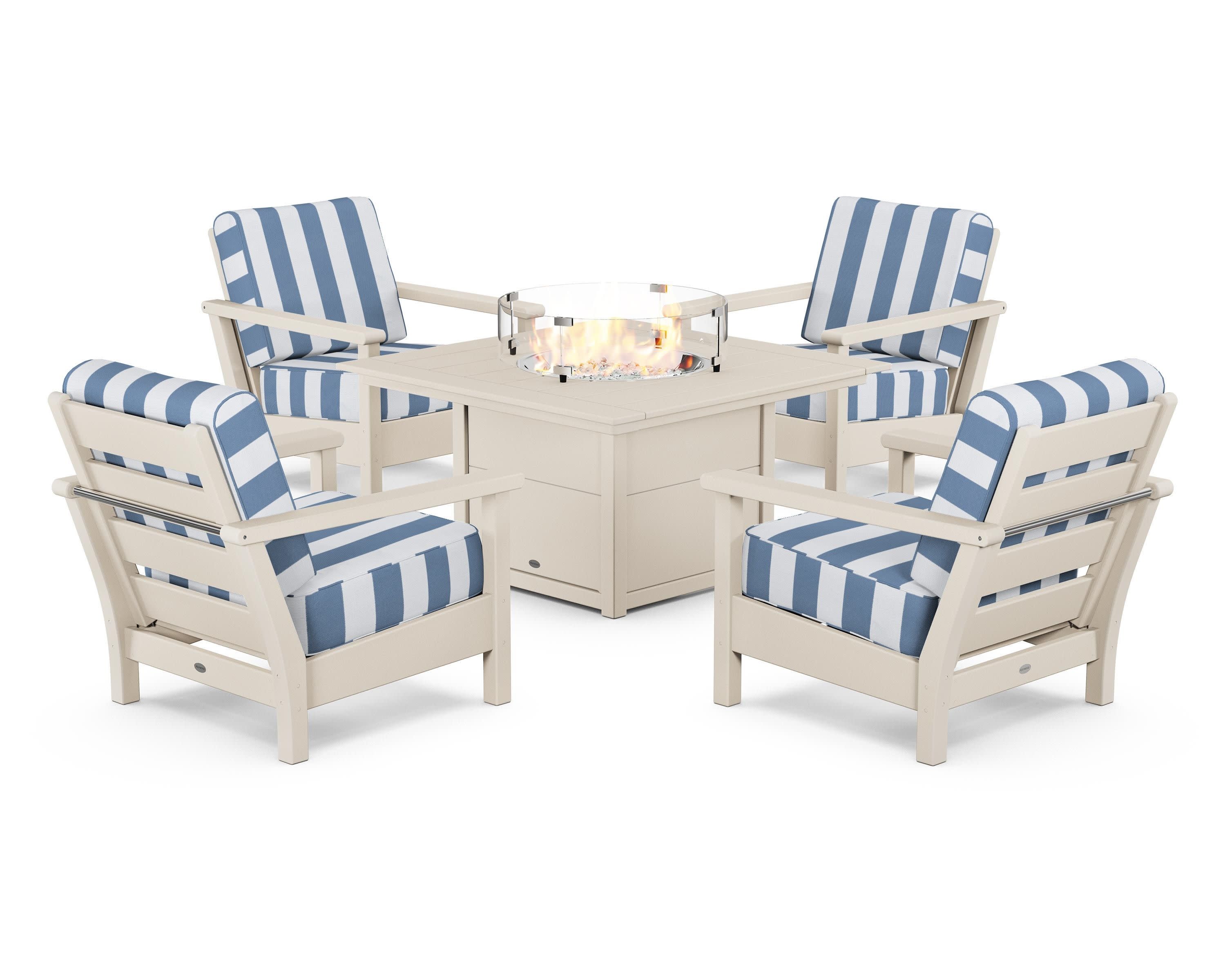 Harbour 5-Piece Conversation Set with Fire Pit Table in Sand / Cabana Stripe Sky Blue