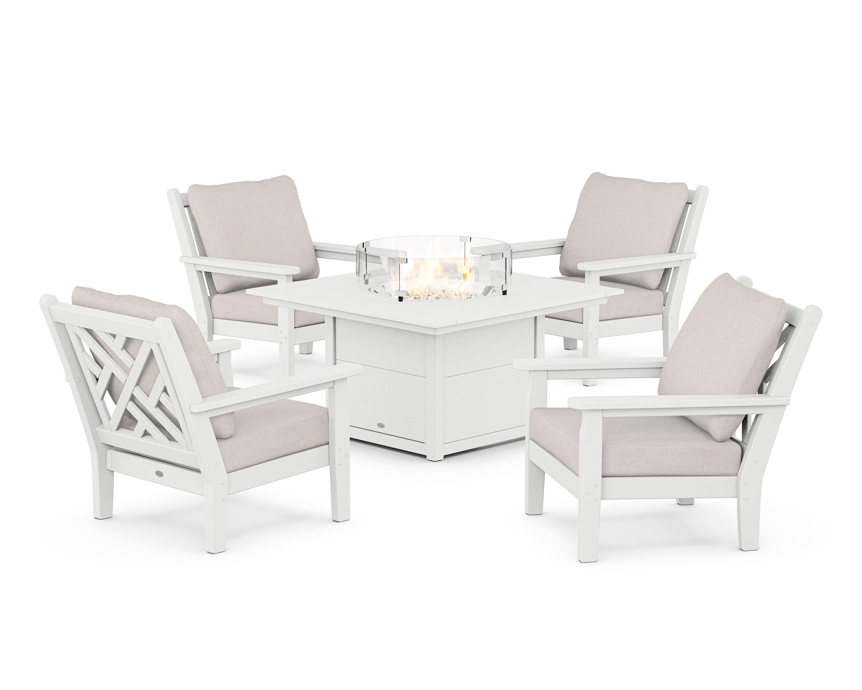 Chippendale 5-Piece Deep Seating Set with Fire Pit Table in White / Dune Burlap