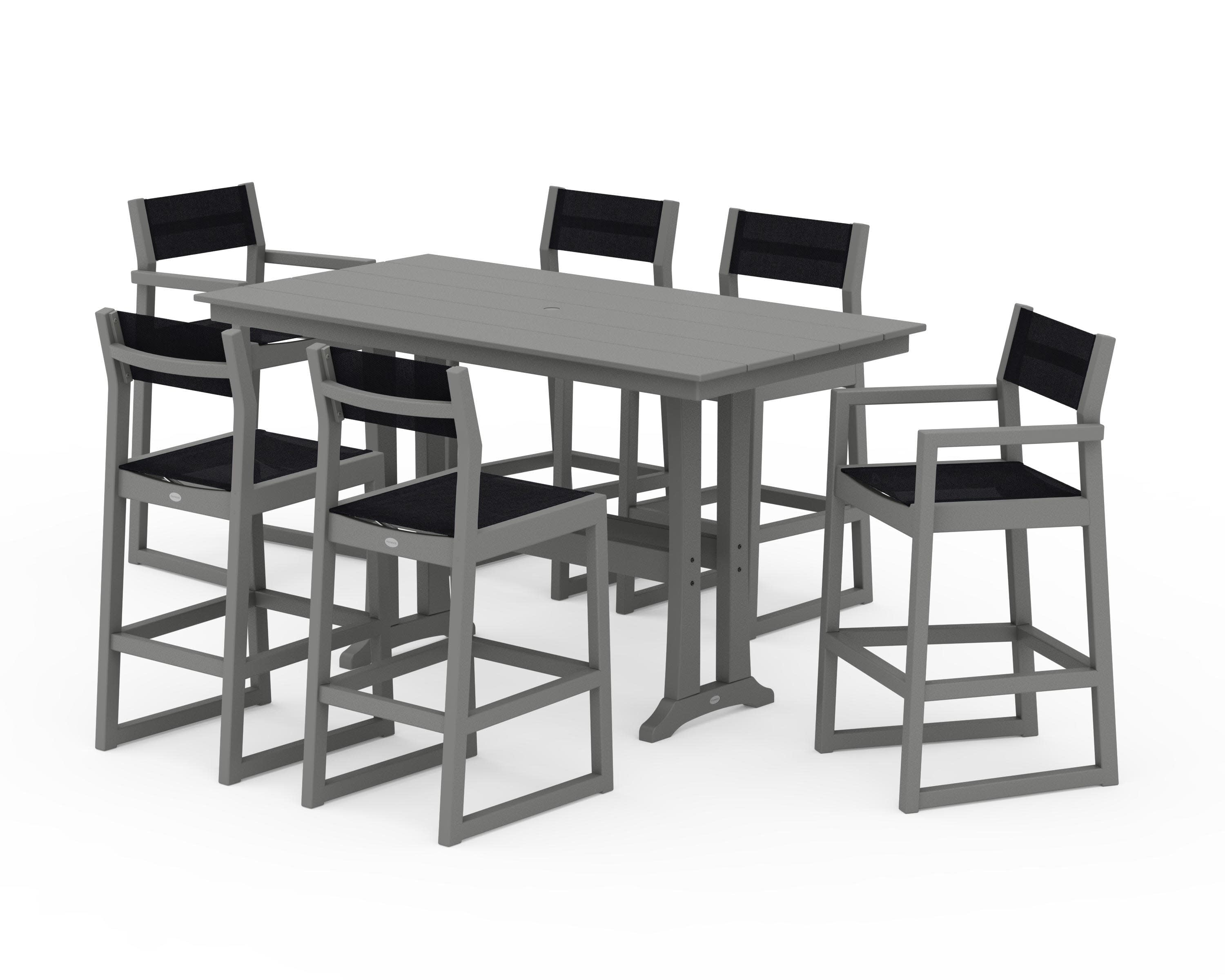EDGE Sling 7-Piece Farmhouse Bar Set with Trestle Legs in Slate Grey / Black Sling