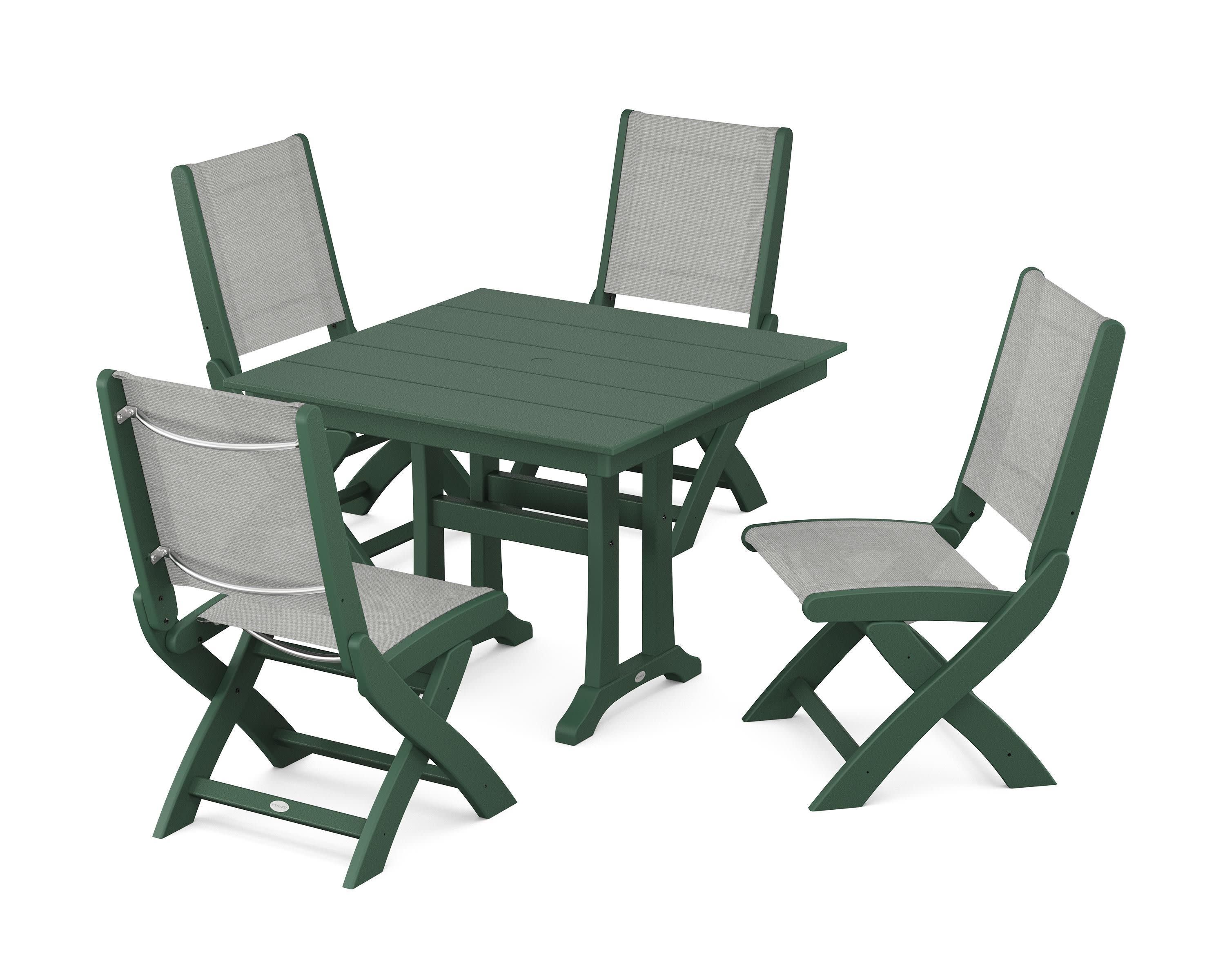 Coastal Folding Side Chair 5-Piece Farmhouse Dining Set With Trestle Legs in Green / Metallic Sling