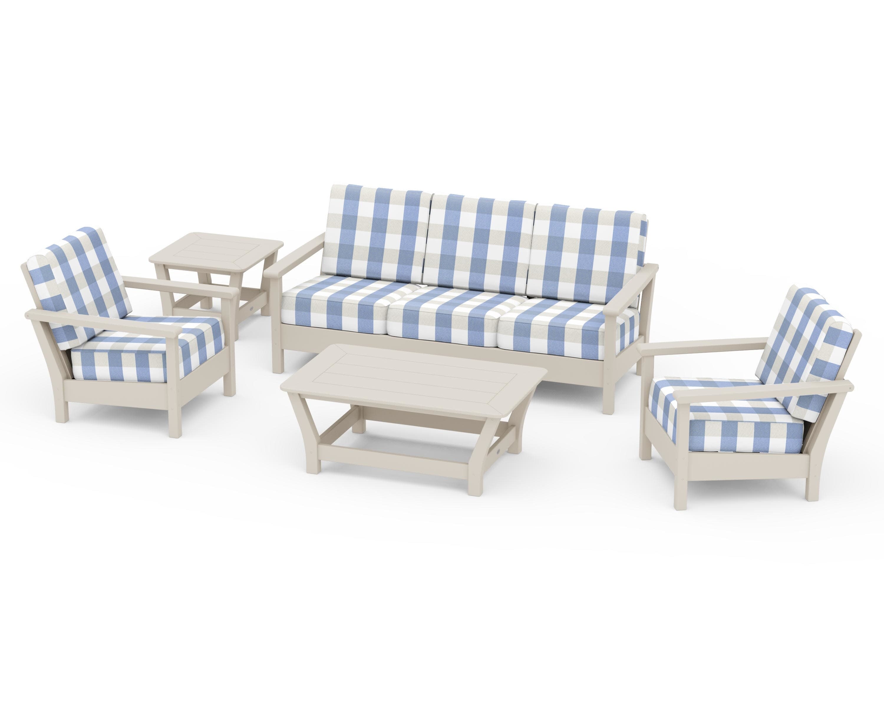 Harbour 5-Piece Deep Seating Set in Sand / Buffalo Plaid Sky Blue