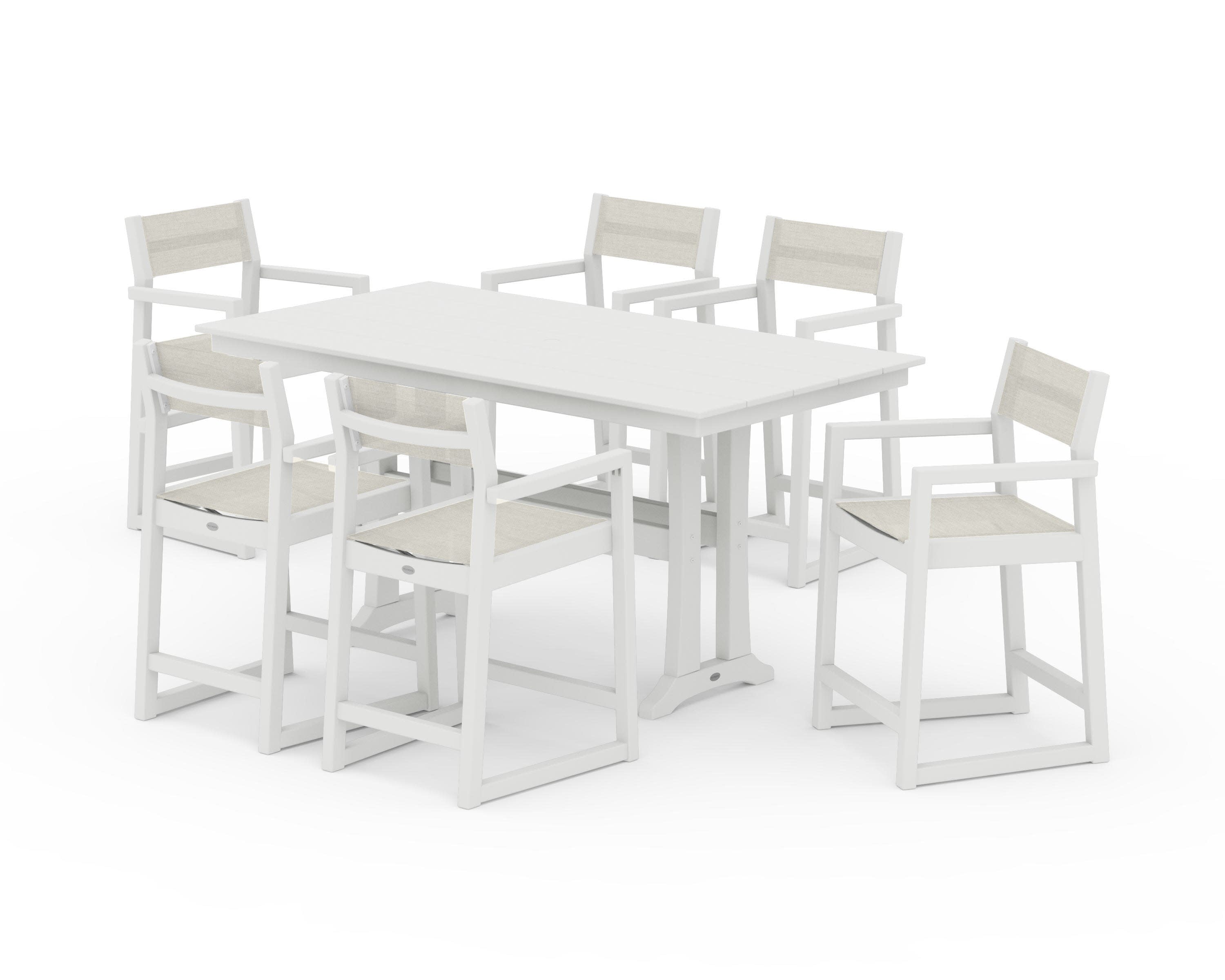 EDGE Sling Arm Chair 7-Piece Farmhouse Counter Set with Trestle Legs in Vintage White / Parchment Sling