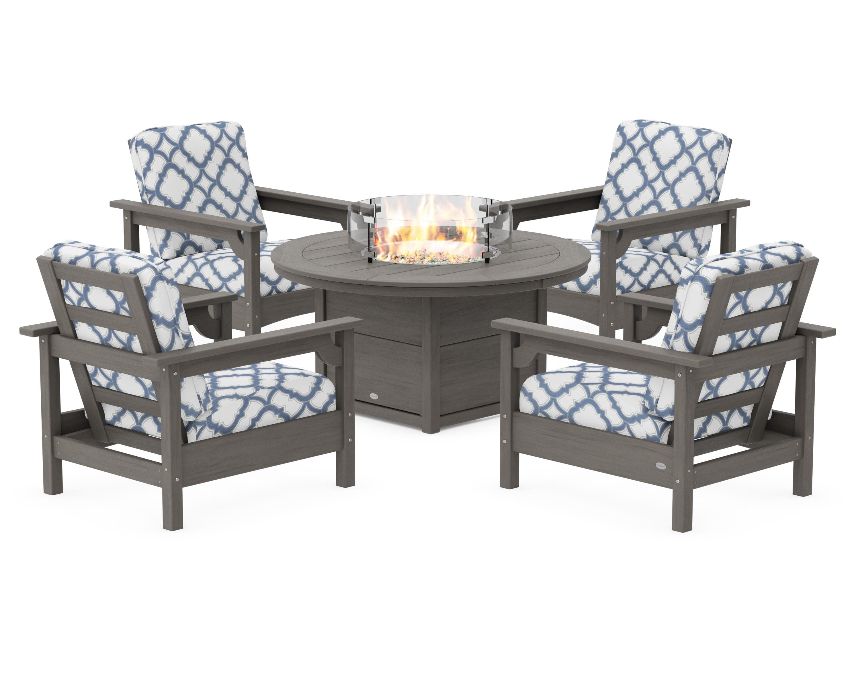 Club 5-Piece Conversation Set with Fire Pit Table in Driftwood / Trellis Sky Blue