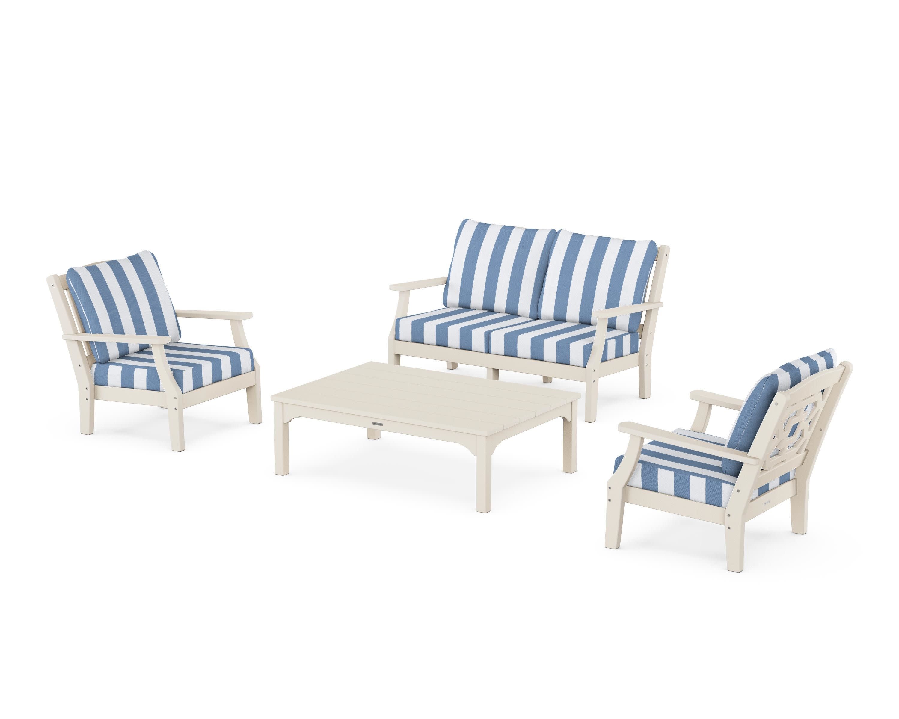 Chinoiserie 4-Piece Deep Seating Set with Loveseat in Sand / Cabana Stripe Sky Blue