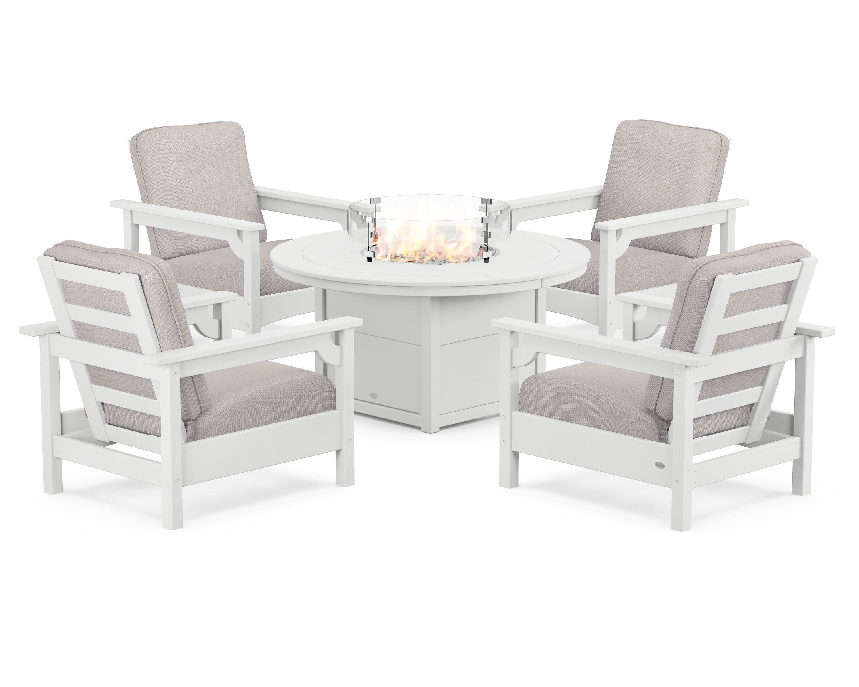 Club 5-Piece Conversation Set with Fire Pit Table in White / Dune Burlap