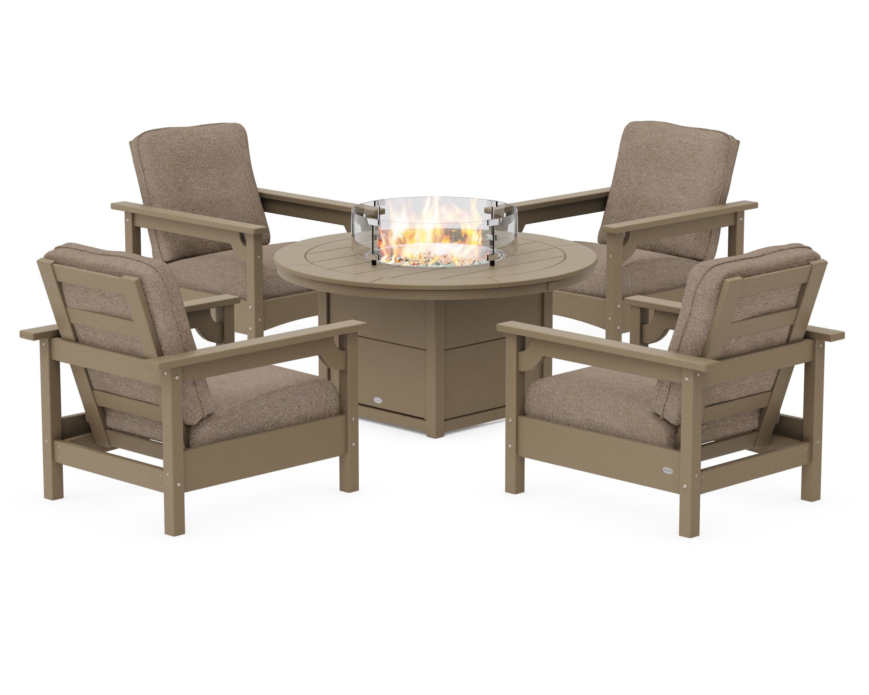Club 5-Piece Conversation Set with Fire Pit Table in Vintage Sahara / Spiced Burlap