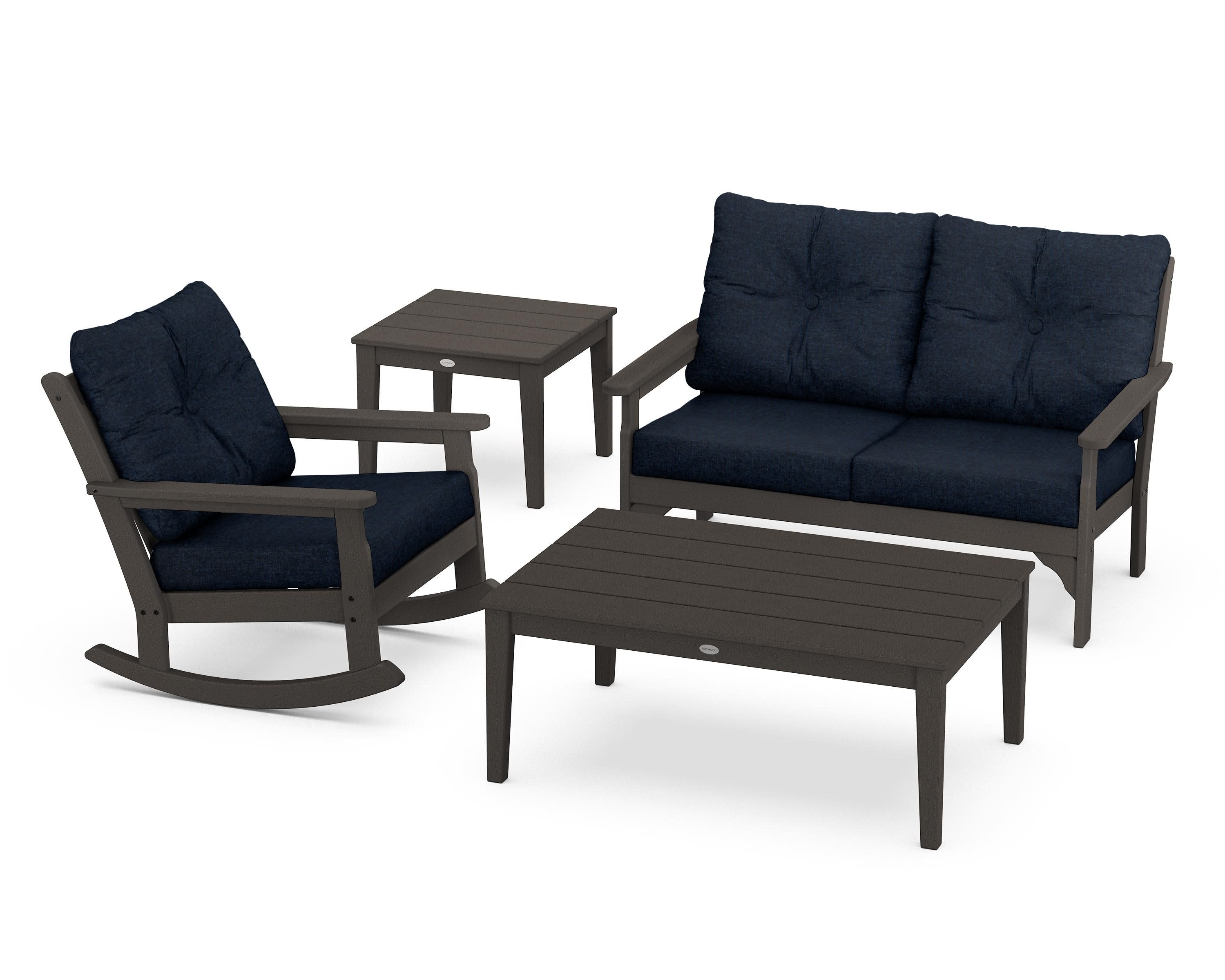 Vineyard 4-Piece Deep Seating Rocker Set in Vintage Coffee / Marine Indigo