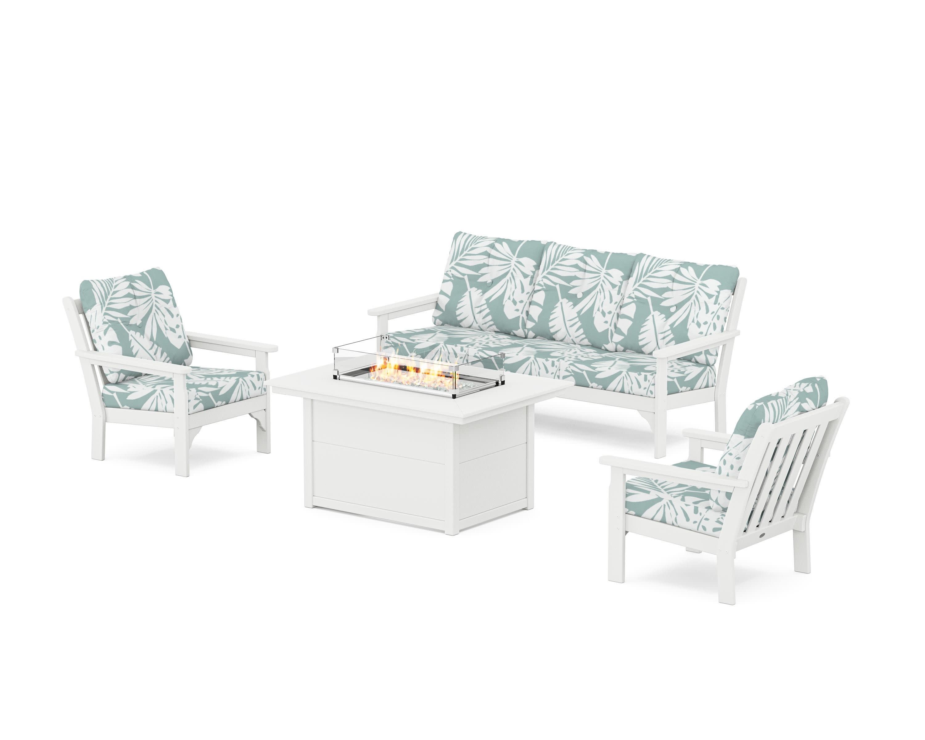 Vineyard Deep Seating Fire Pit Table Set in White / Leaf Glacier Spa