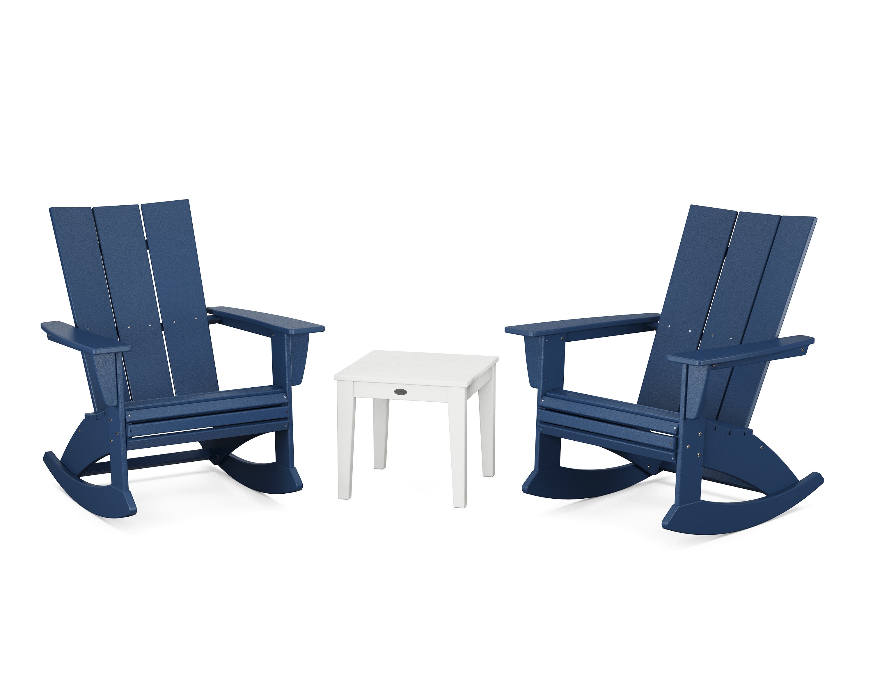 Modern Curveback 3-Piece Adirondack Rocking Chair Set in Navy / White
