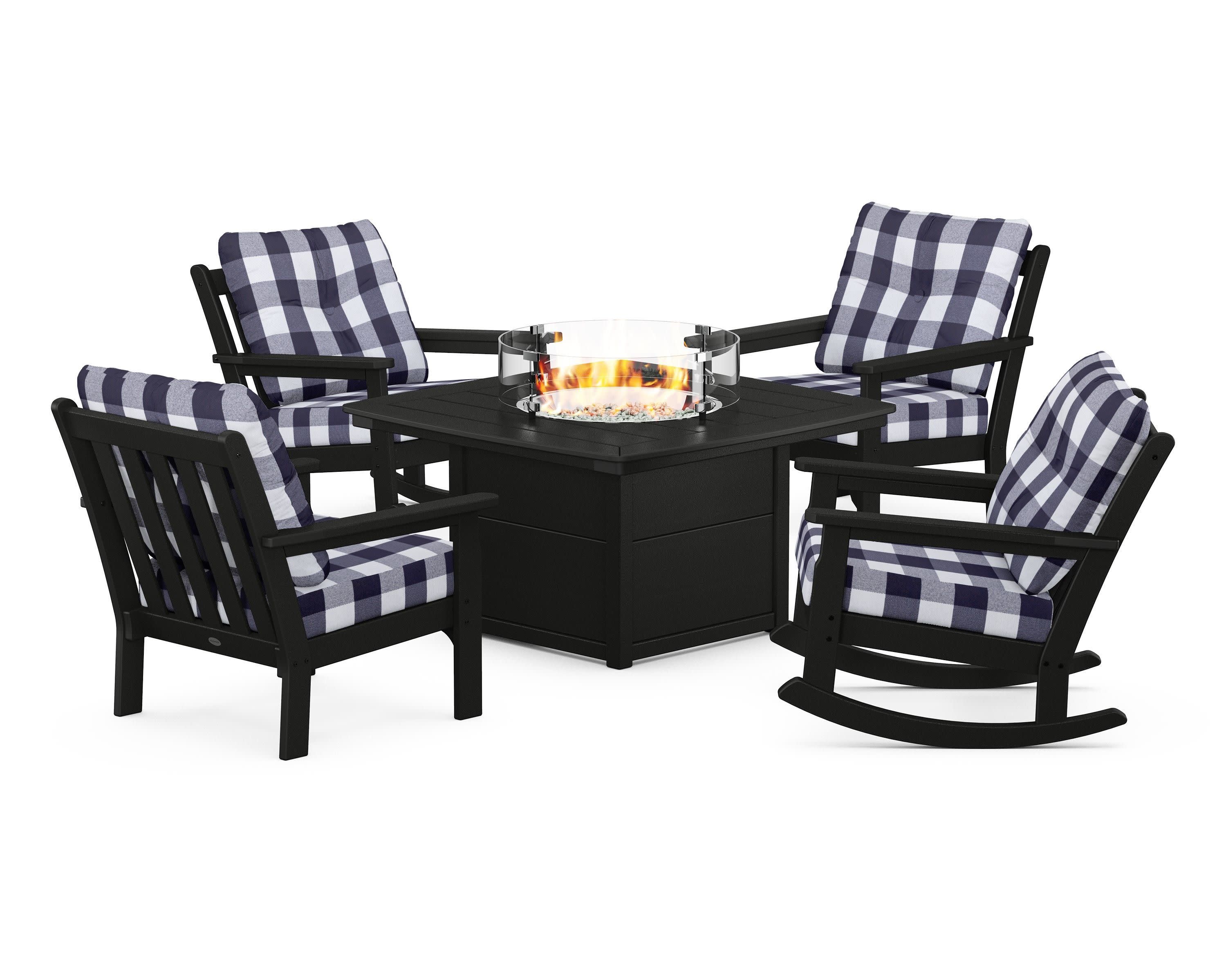 Vineyard 5-Piece Deep Seating Rocking Chair Conversation Set with Fire Pit Table in Black / Buffalo Plaid Navy
