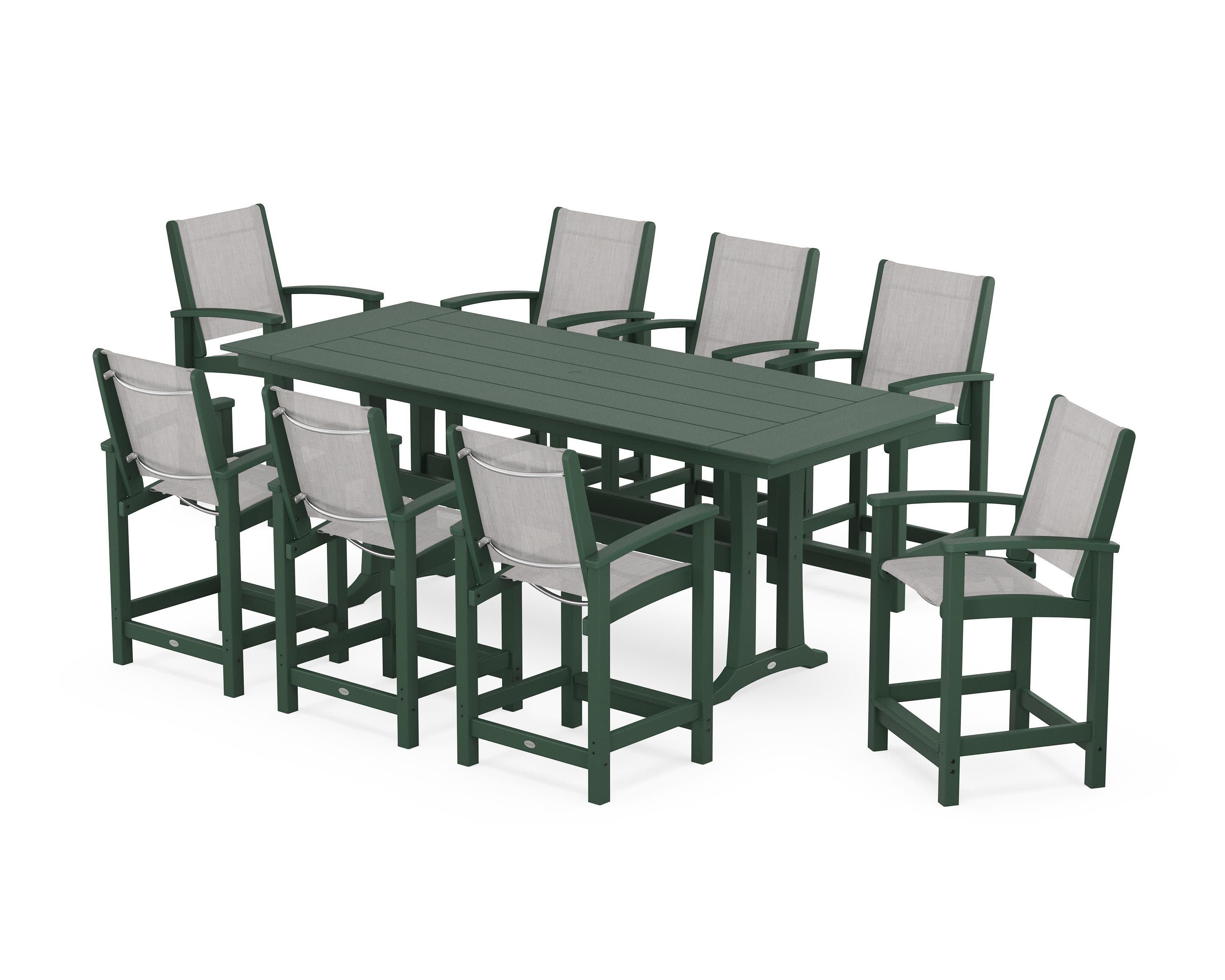 Coastal 9-Piece Farmhouse Counter Set with Trestle Legs in Green / Parchment Sling