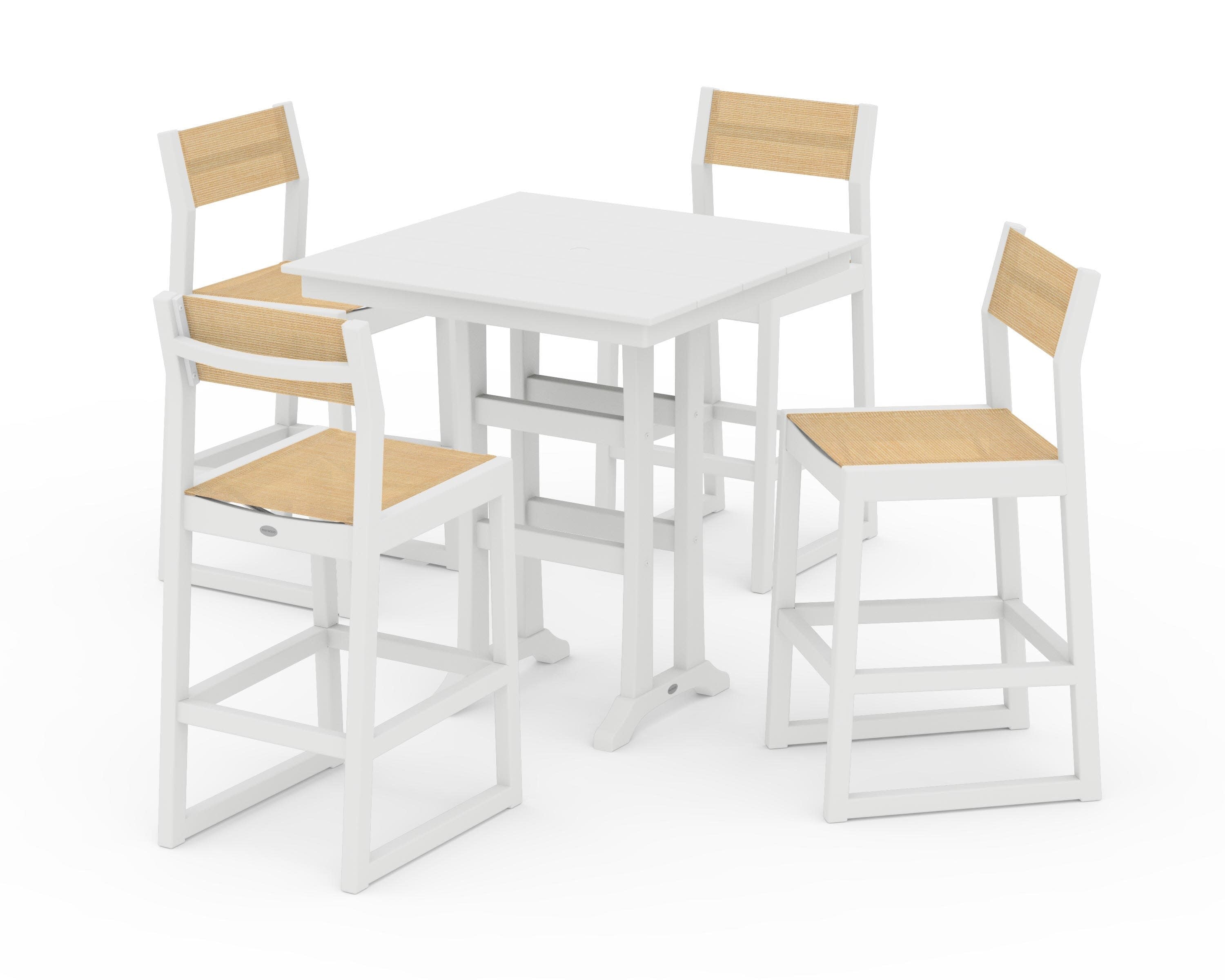 EDGE Sling Arm Chair 5-Piece Farmhouse Bar Set with Trestle Legs in White / Dupioni Apricot Sling