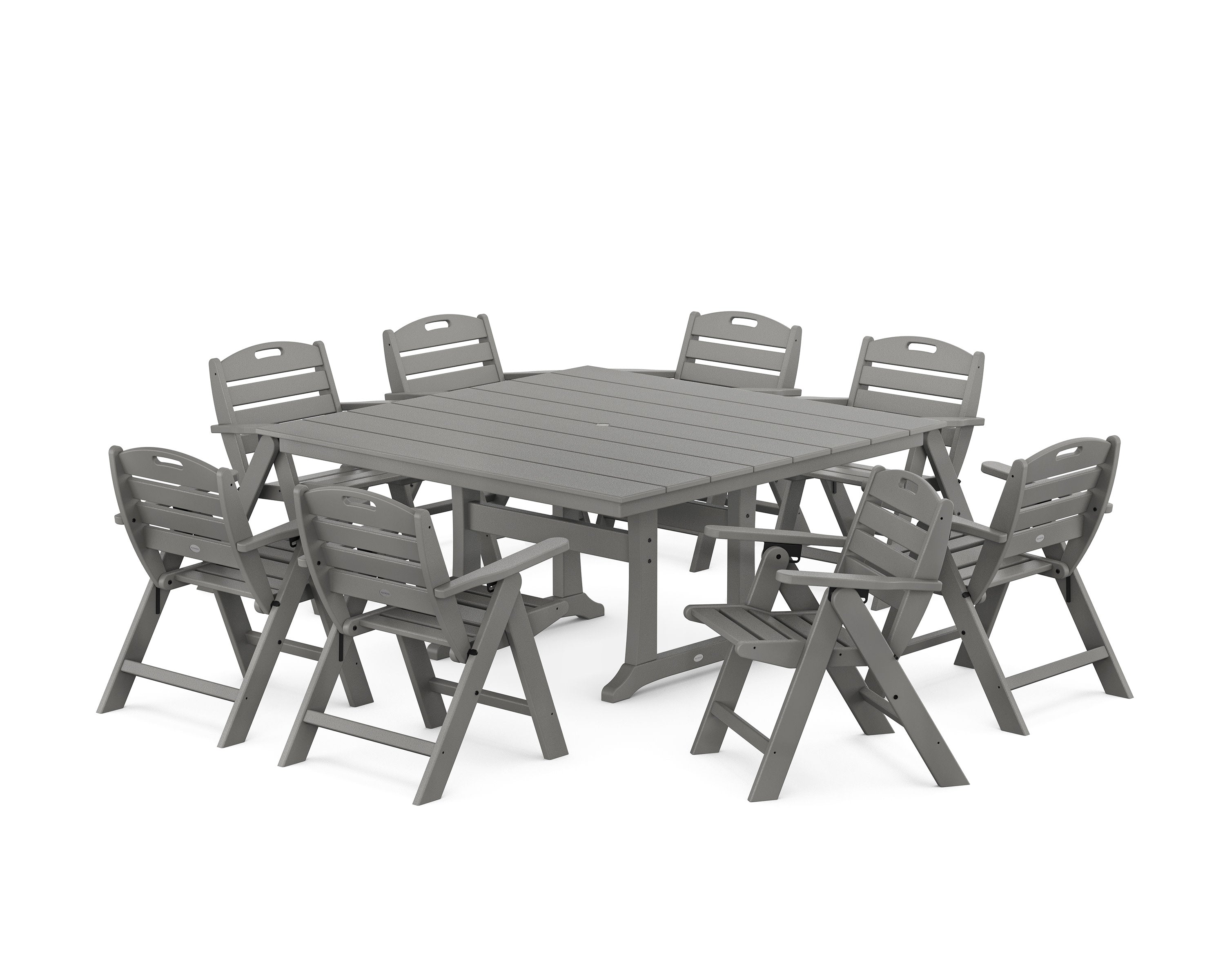 Nautical Lowback 9-Piece Square Farmhouse Dining Set with Trestle Legs in Slate Grey