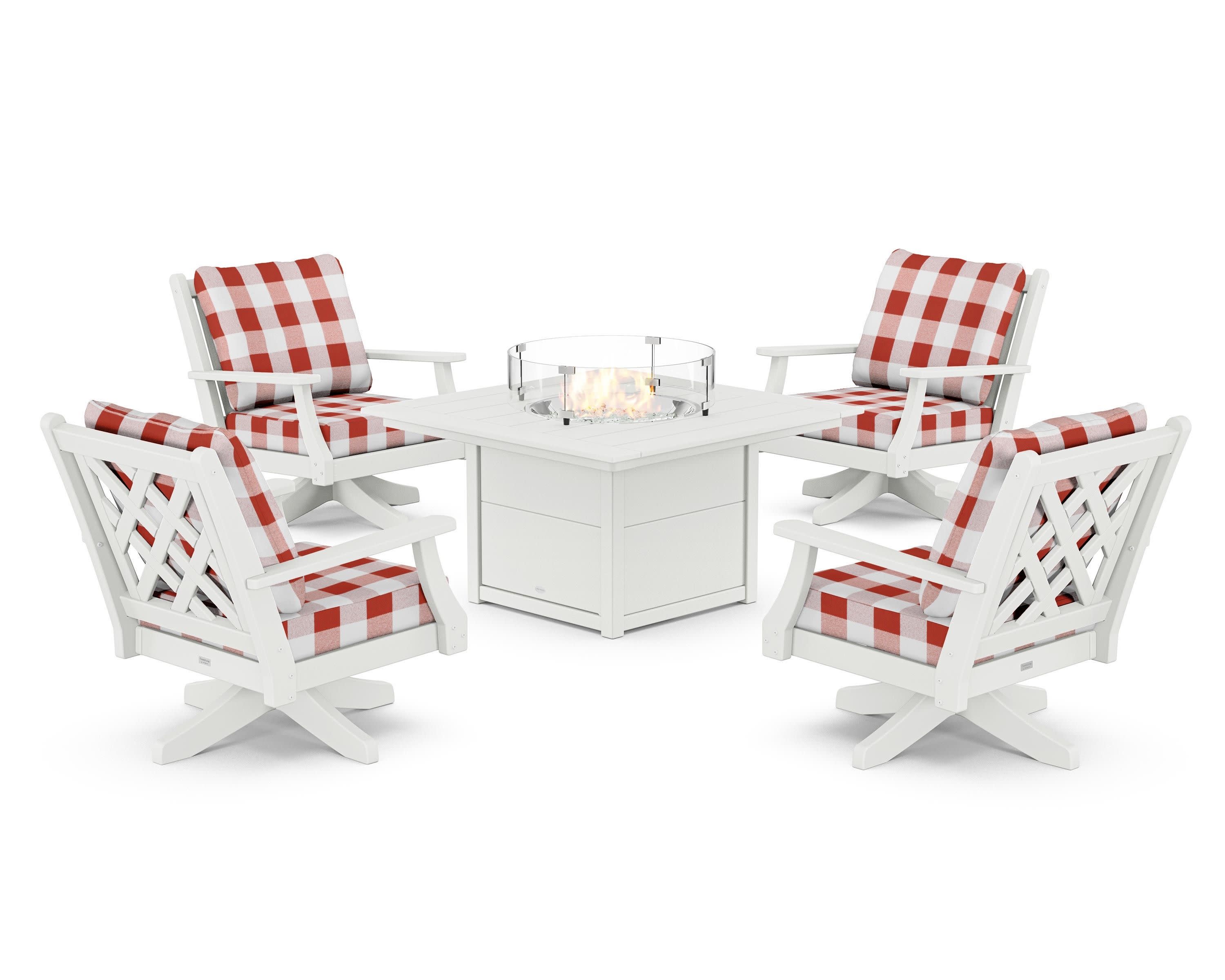 Wovendale 5-Piece Deep Seating Swivel Conversation Set with Fire Pit Table in White / Buffalo Plaid Crimson