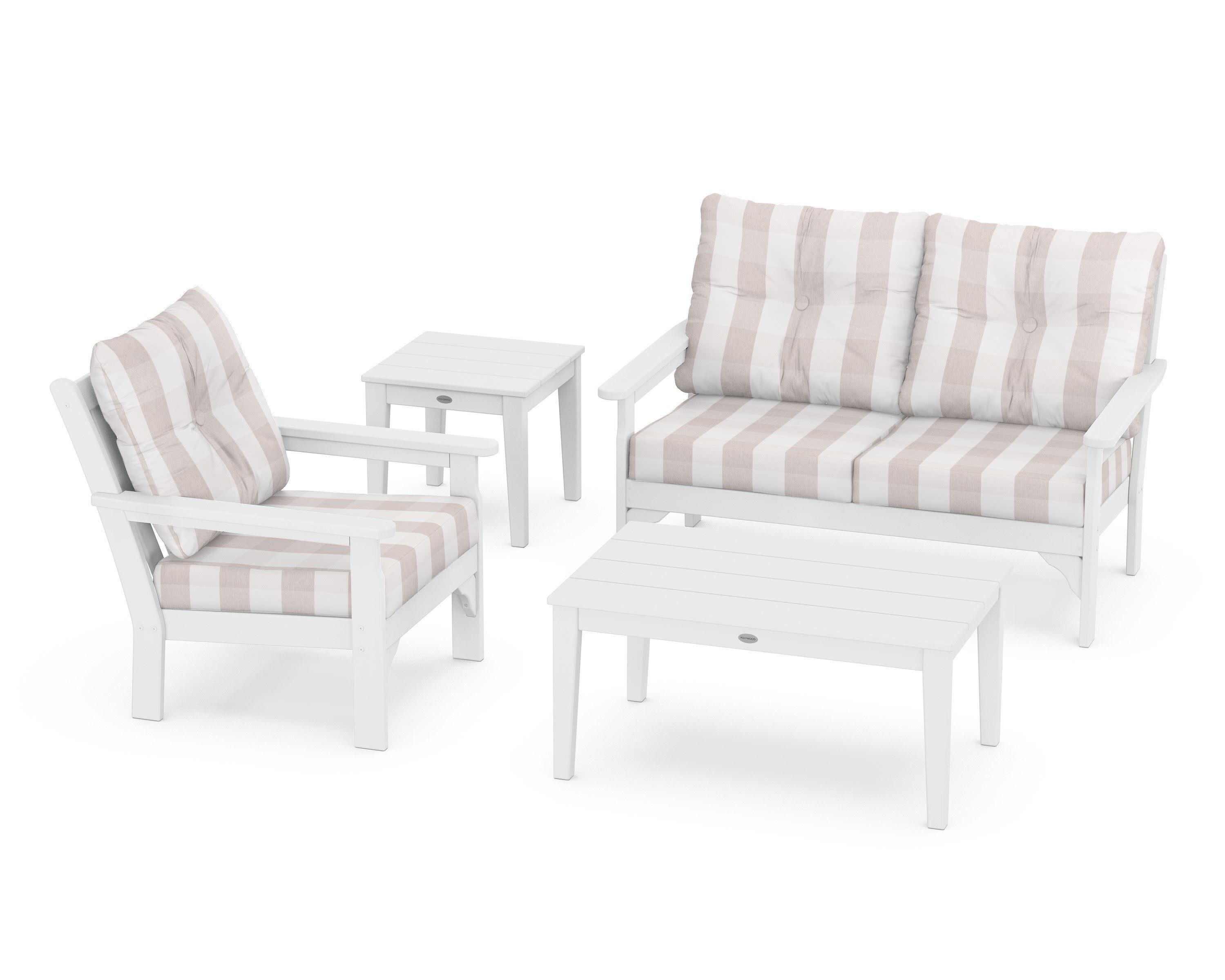 Vineyard 4-Piece Deep Seating Set in White / Buffalo Plaid Dune Burlap