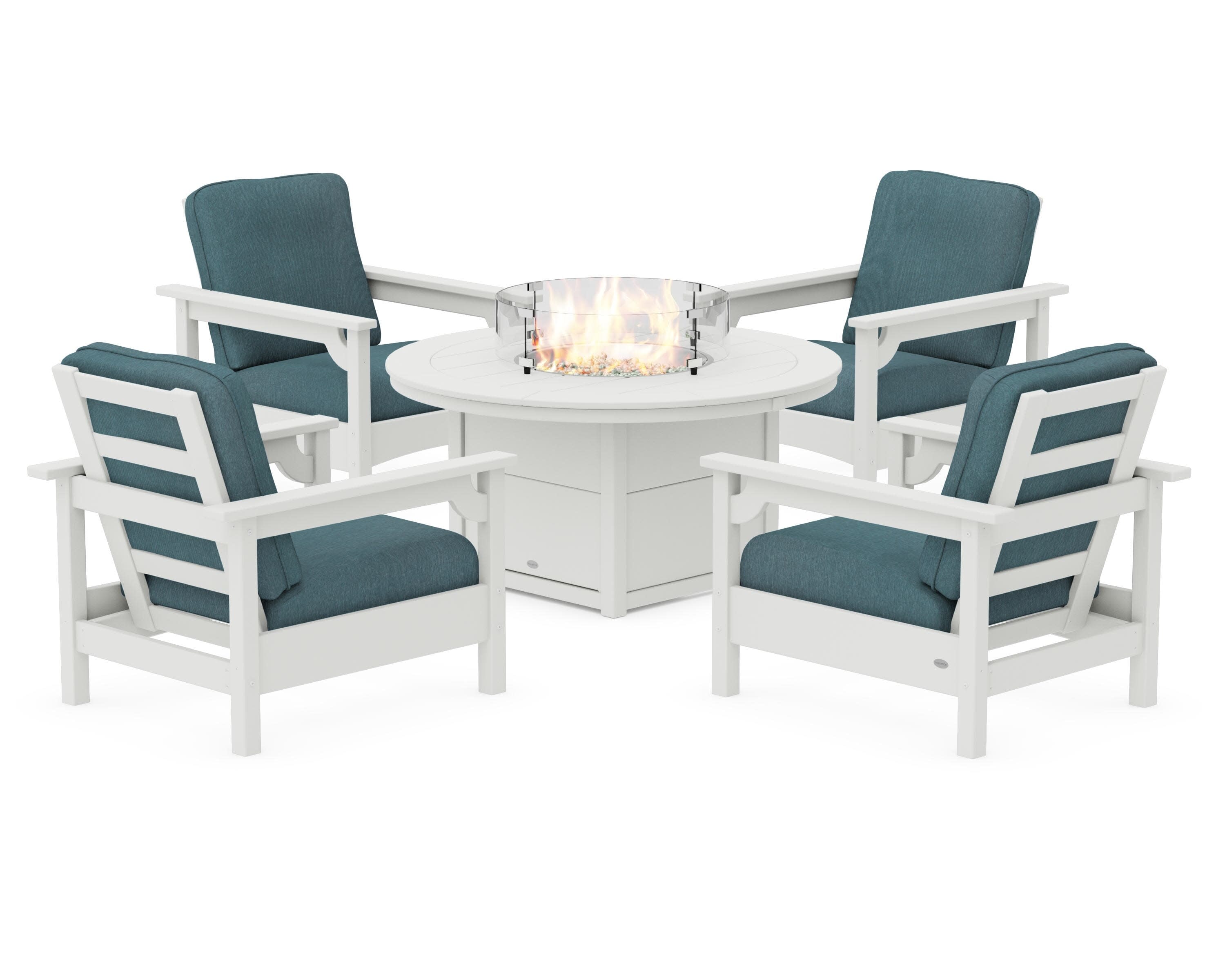 Club 5-Piece Conversation Set with Fire Pit Table in Vintage White / Ocean Teal