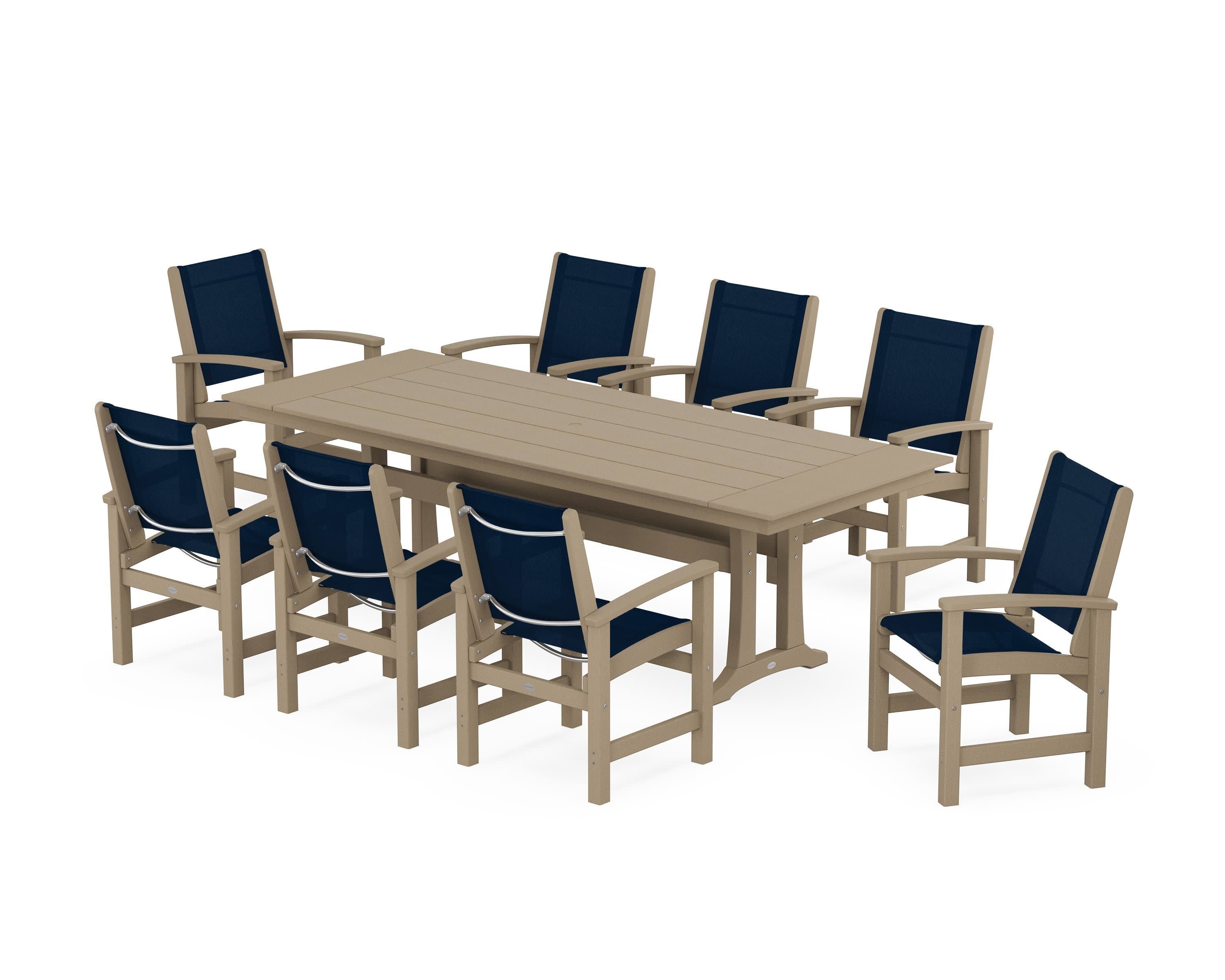 Coastal 9-Piece Farmhouse Dining Set with Trestle Legs in Vintage Sahara / Navy Blue Sling