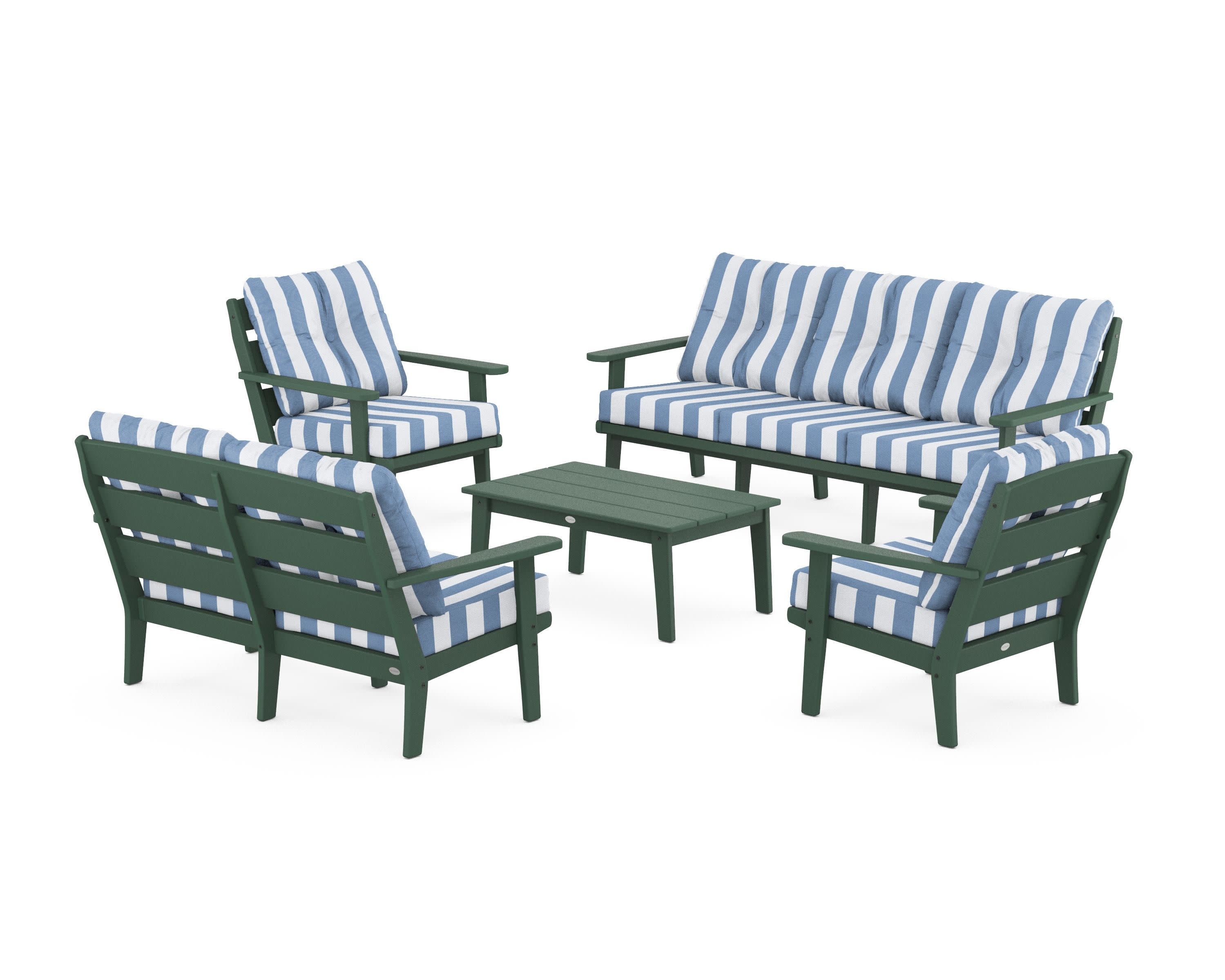 Lakeside 5-Piece Lounge Sofa Set in Green / Cabana Stripe Sky Blue