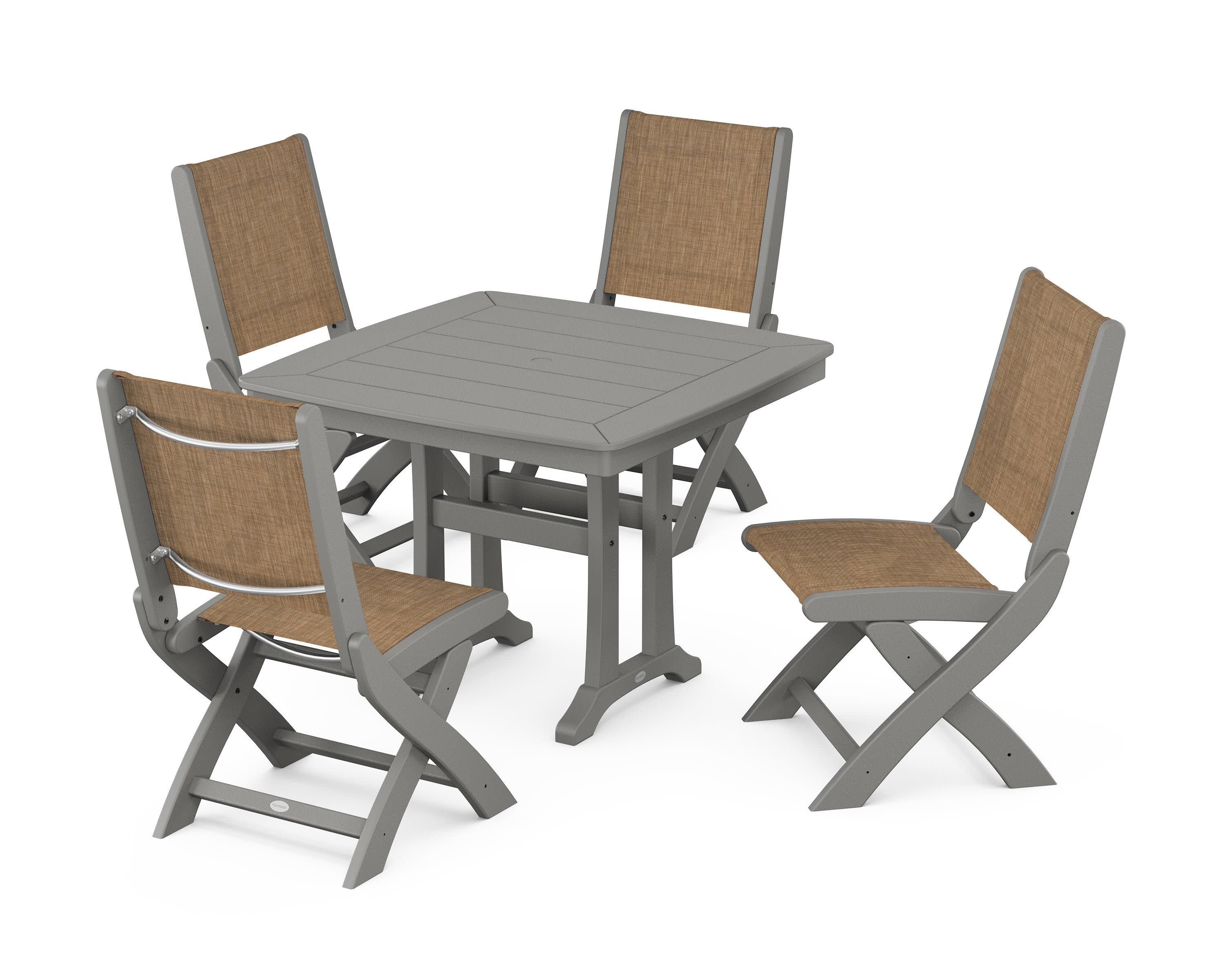 Coastal Folding Side Chair 5-Piece Dining Set with Trestle Legs in Slate Grey / Burlap Sling