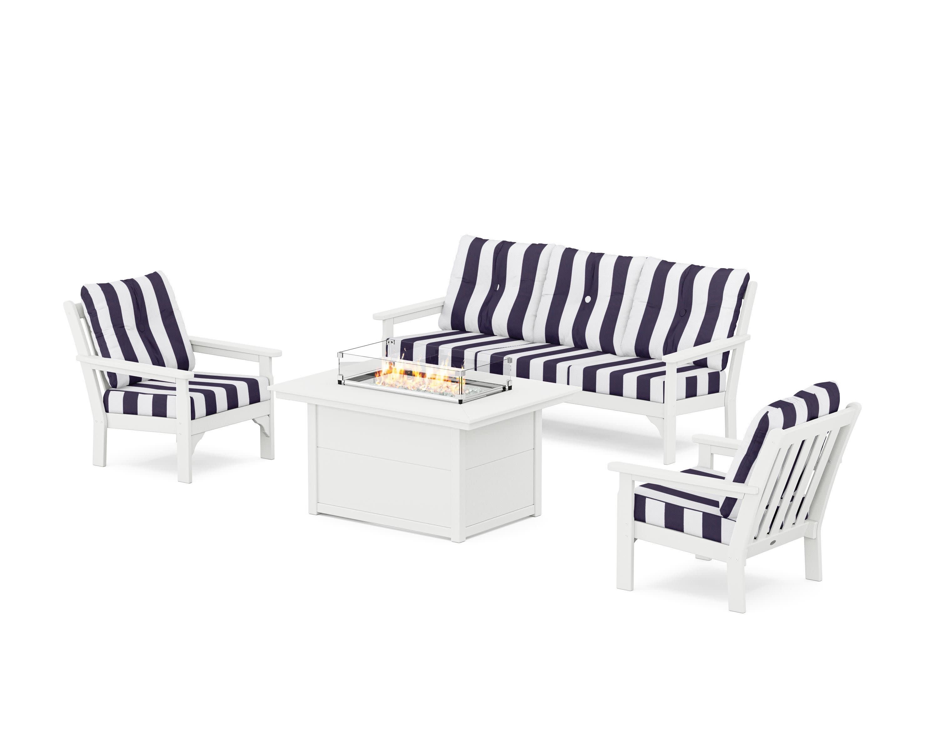 Vineyard Deep Seating Fire Pit Table Set in White / Cabana Stripe Navy
