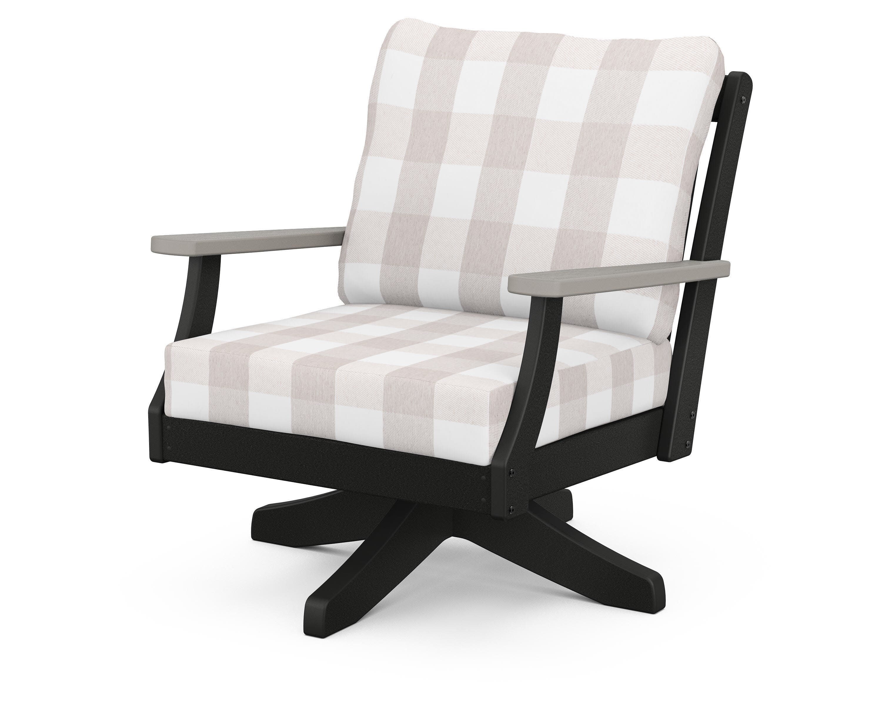 Braxton Deep Seating Swivel Chair in Black / Driftwood / Buffalo Plaid Dune Burlap
