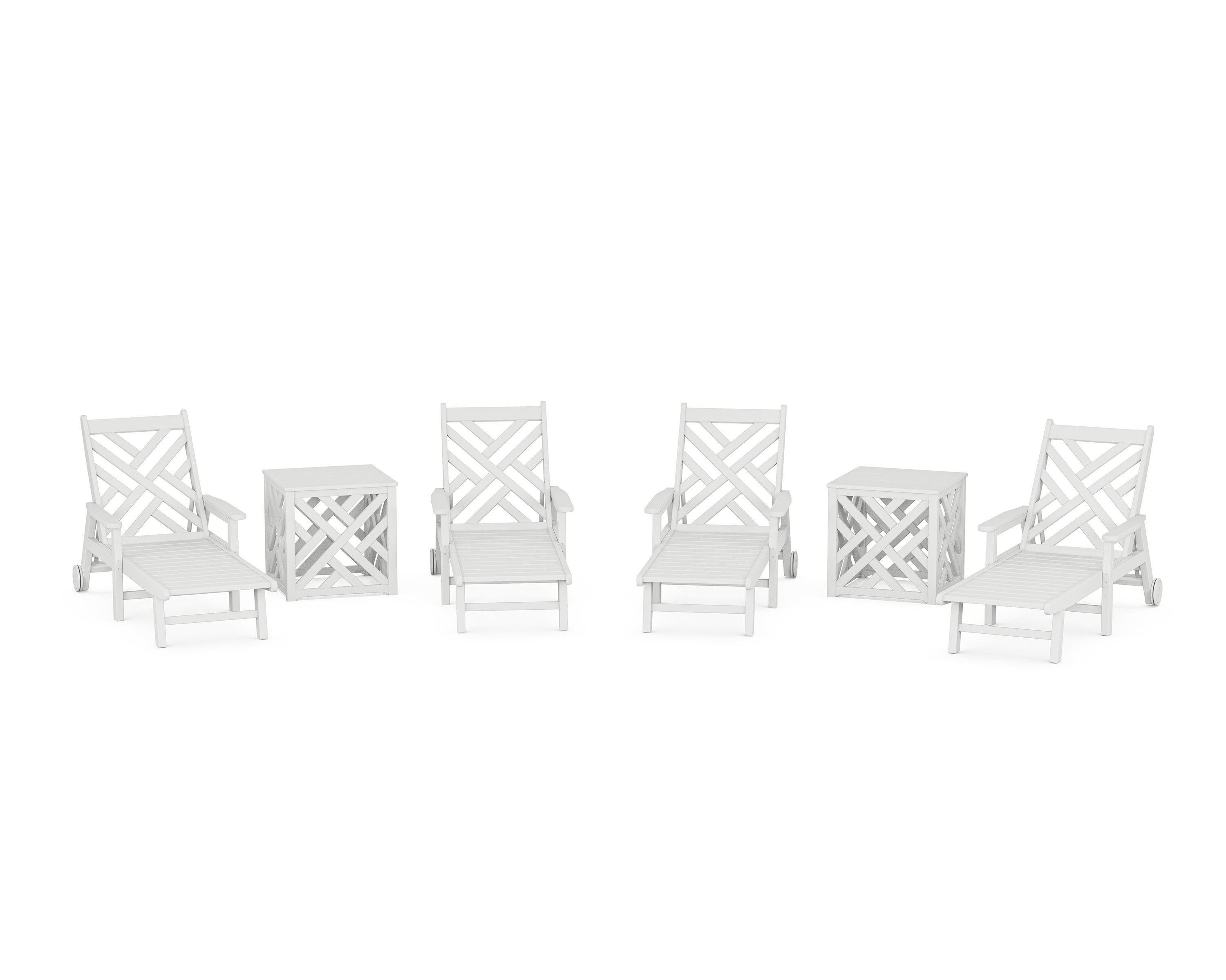 Chippendale 6-Piece Chaise Set with Umbrella Stand Accent Table in White