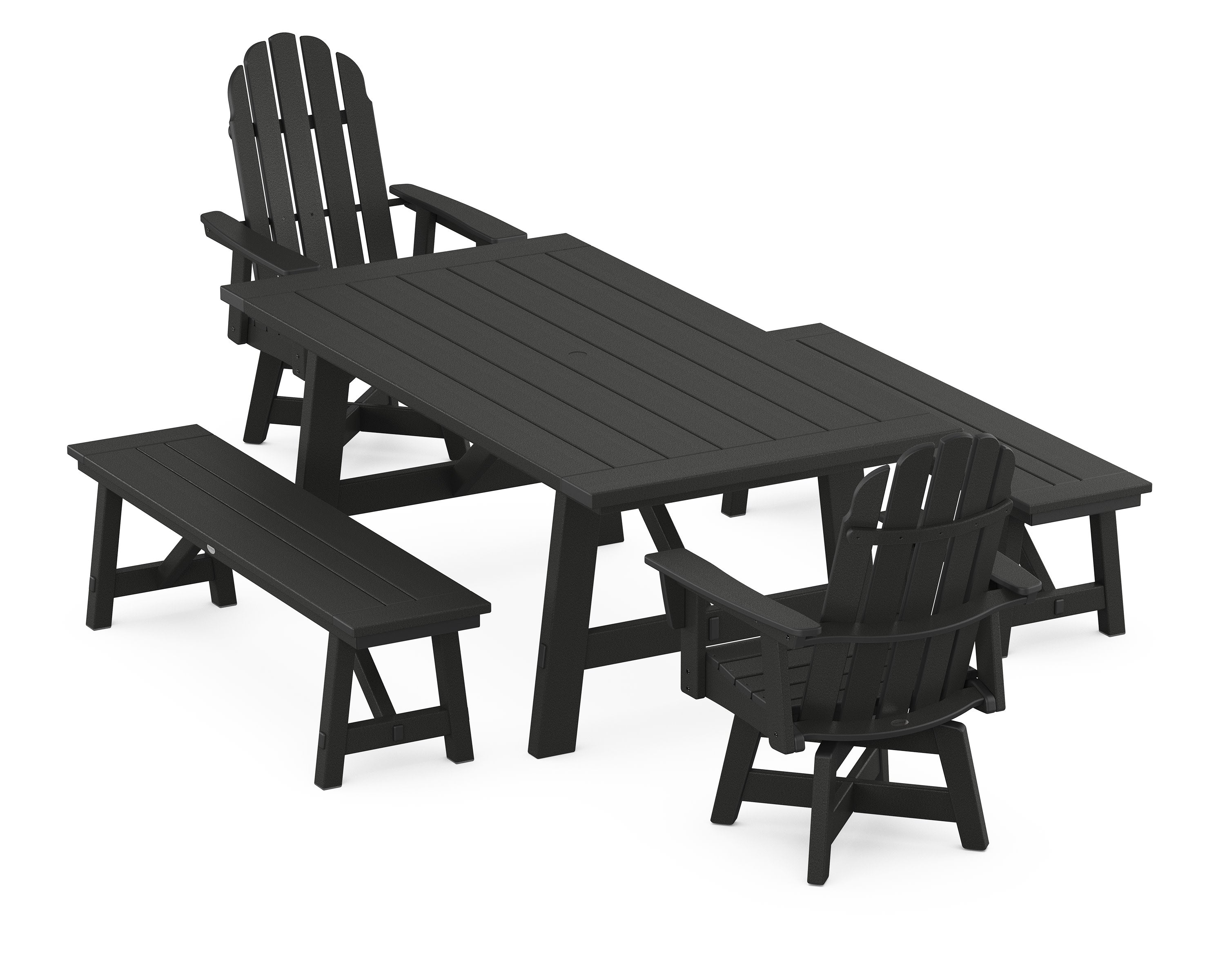 VineyardCurveback Adirondack Swivel Chair 5-Piece Rustic Farmhouse Dining Set With Benches in Black