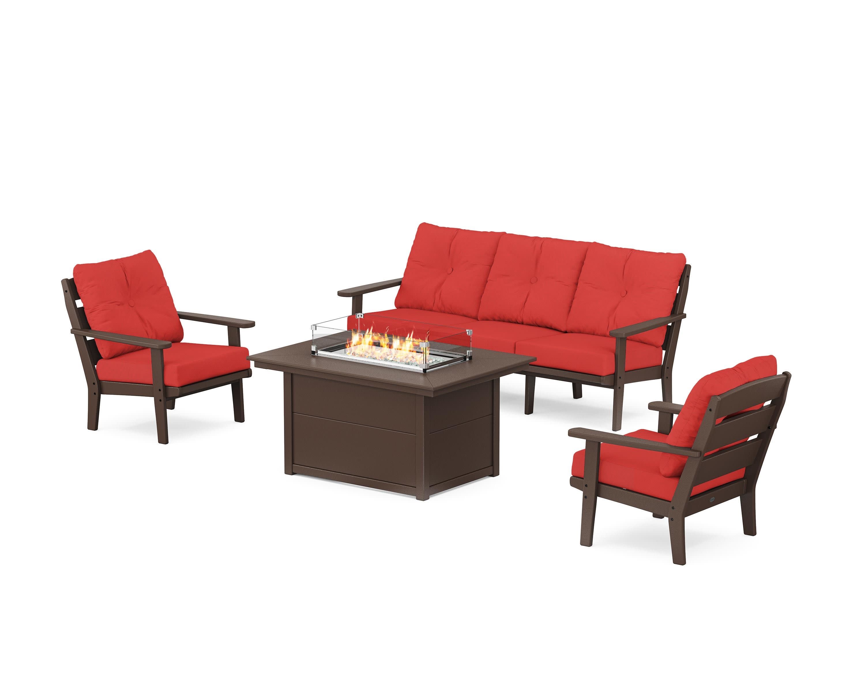 Lakeside Deep Seating Fire Pit Table Set in Mahogany / Crimson Linen