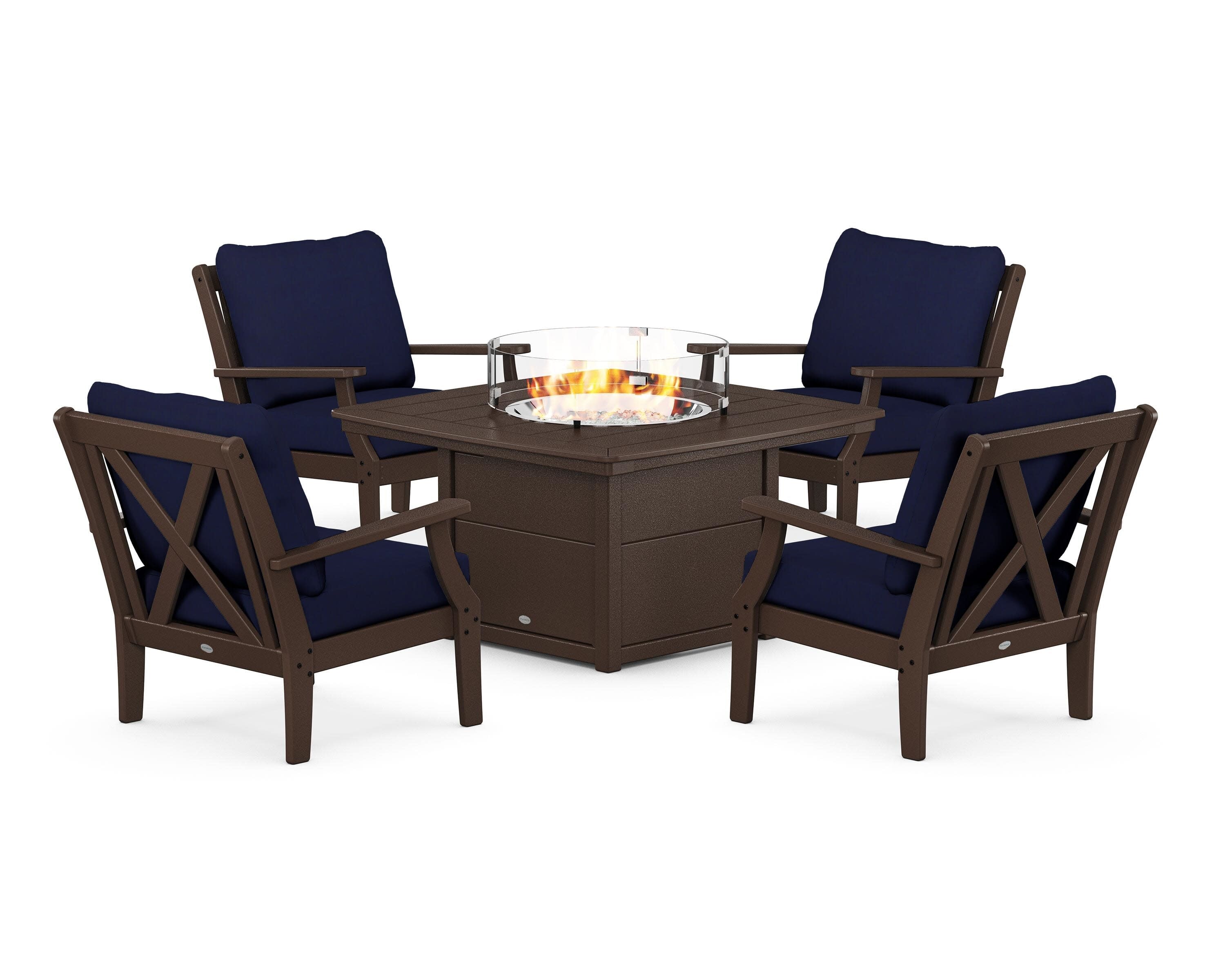 Braxton 5-Piece Deep Seating Conversation Set with Fire Pit Table in Mahogany / Navy