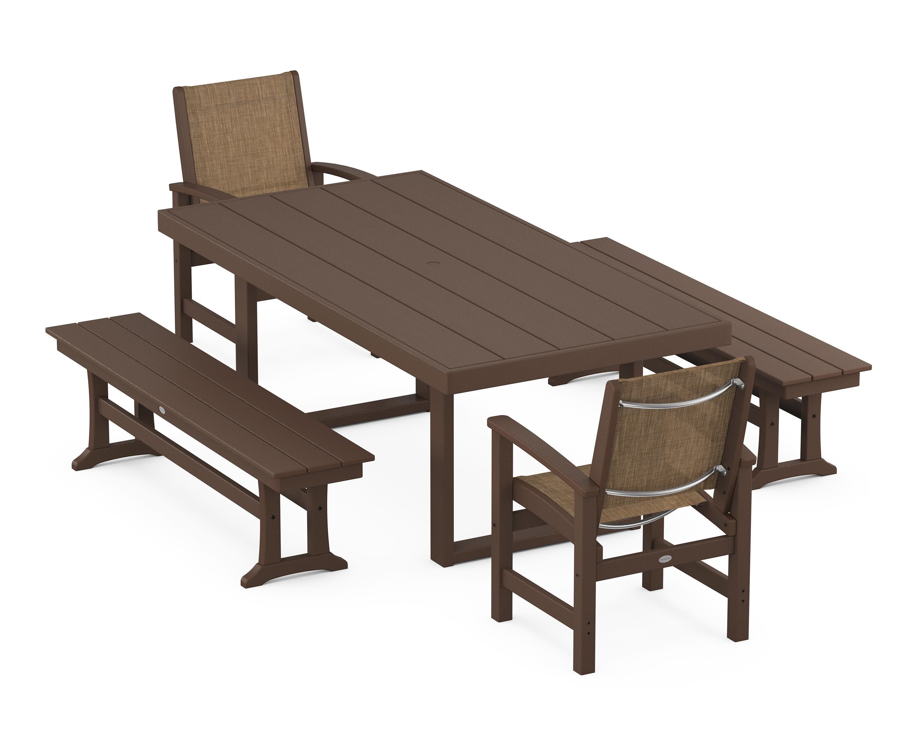Coastal 5-Piece Dining Set with Trestle Legs in Mahogany / Burlap Sling