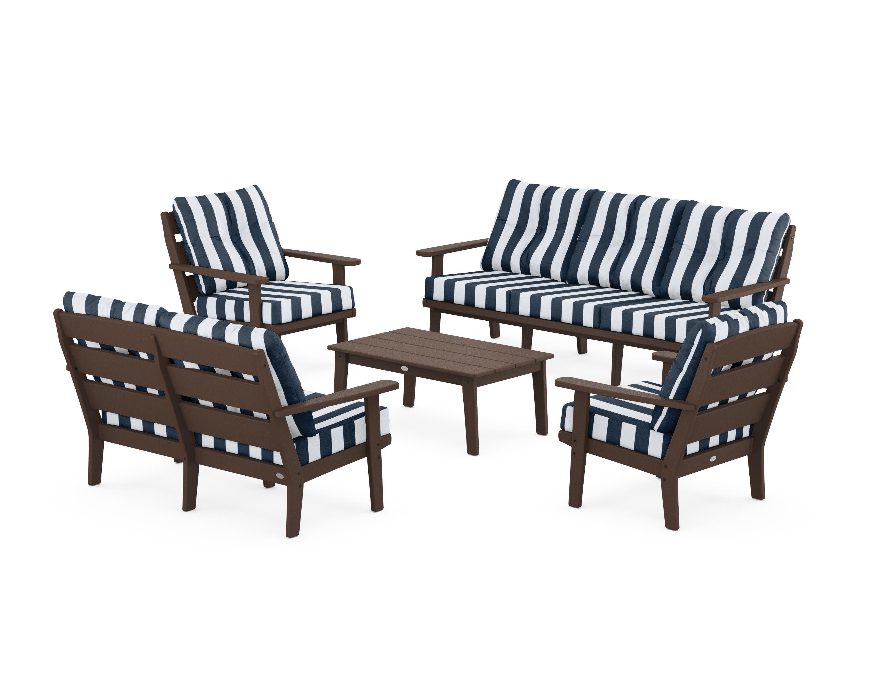 Lakeside 5-Piece Lounge Sofa Set in Mahogany / Cabana Stripe Marine Indigo