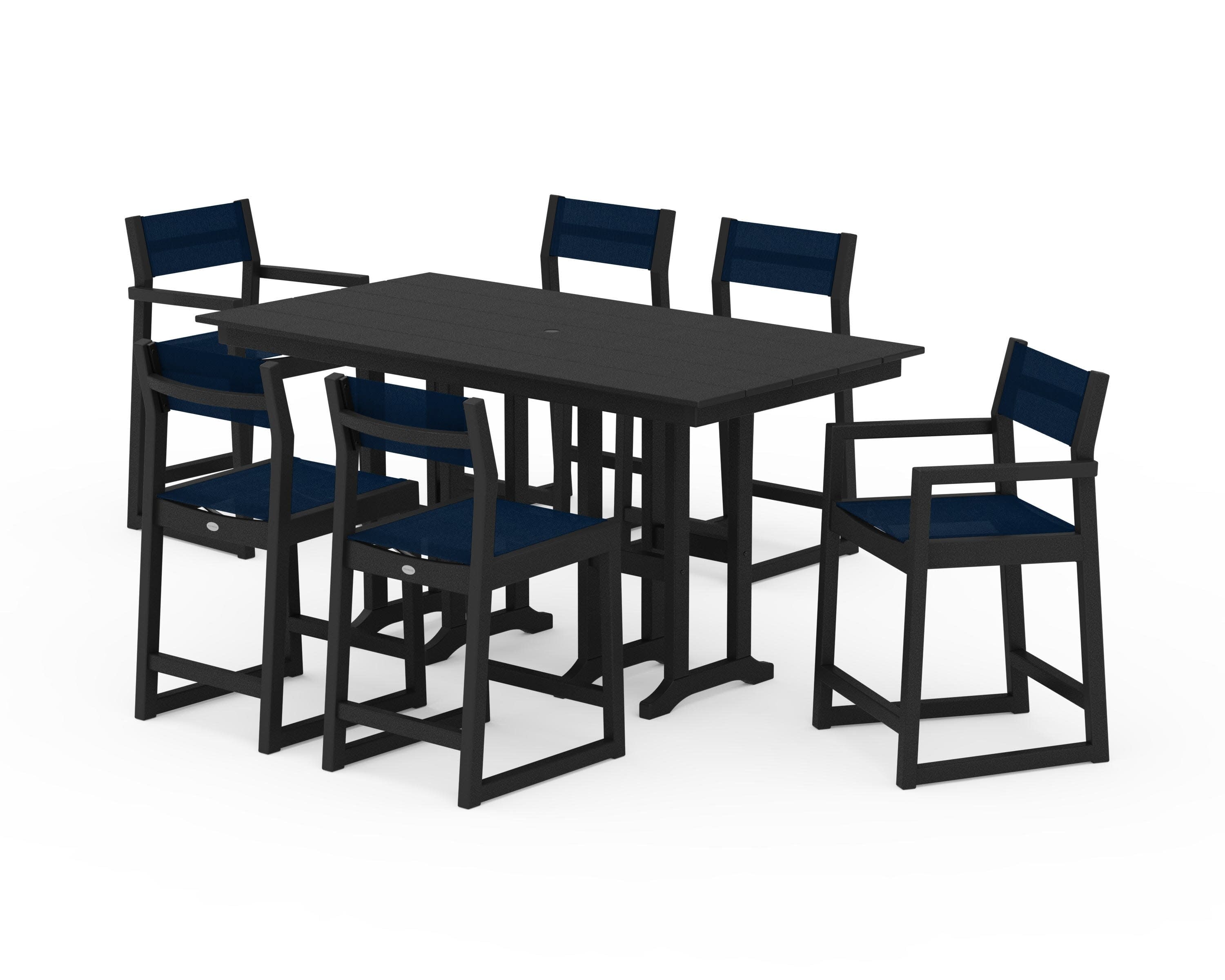 EDGE Sling 7-Piece Farmhouse Counter Set with Trestle Legs in Black / Navy Blue Sling