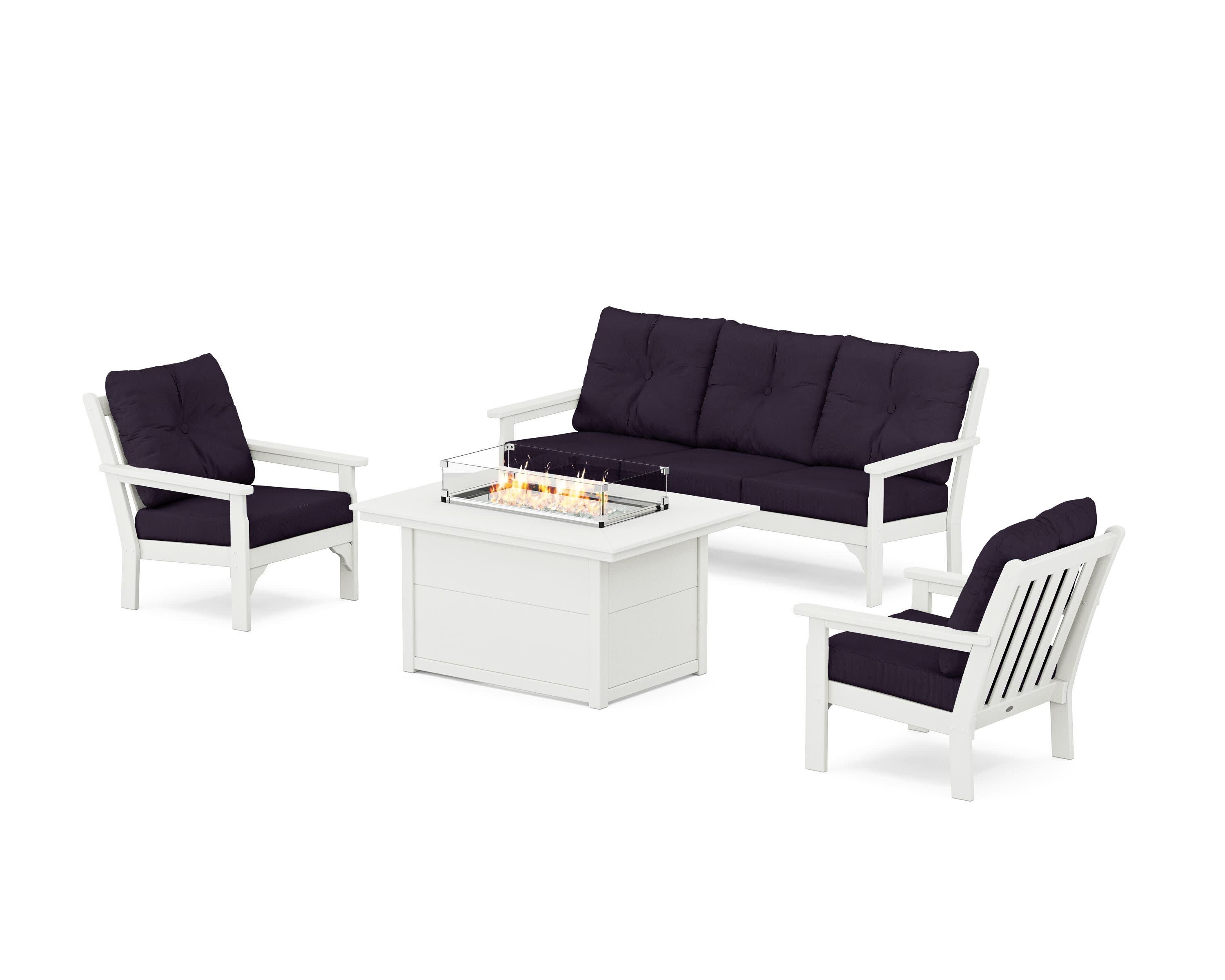 Vineyard Deep Seating Fire Pit Table Set in Vintage White / Navy Linen