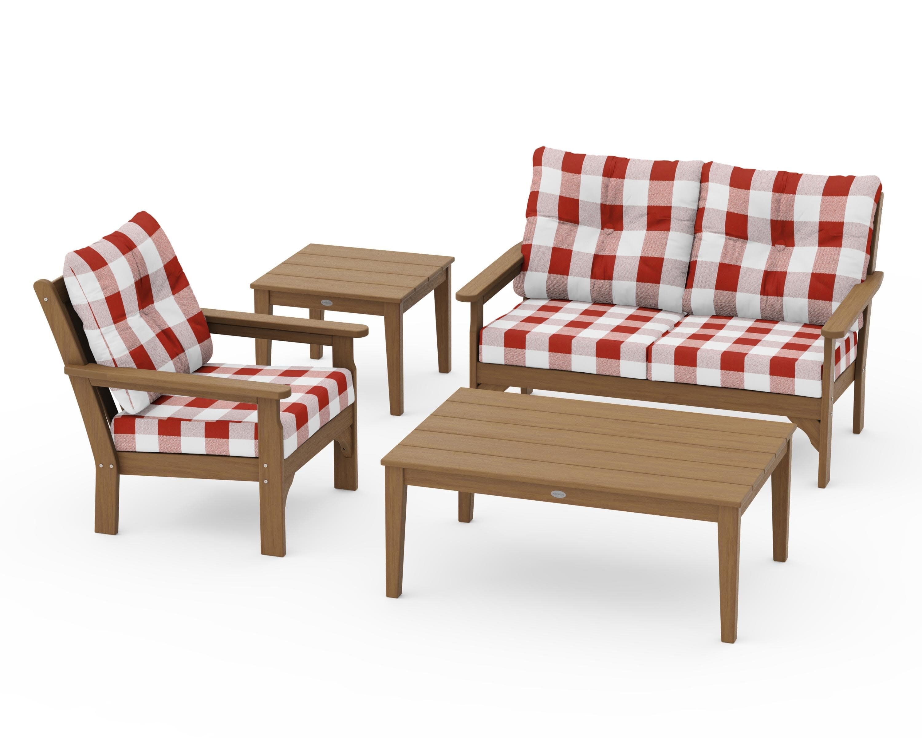 Vineyard 4-Piece Deep Seating Set in Natural / Buffalo Plaid Crimson
