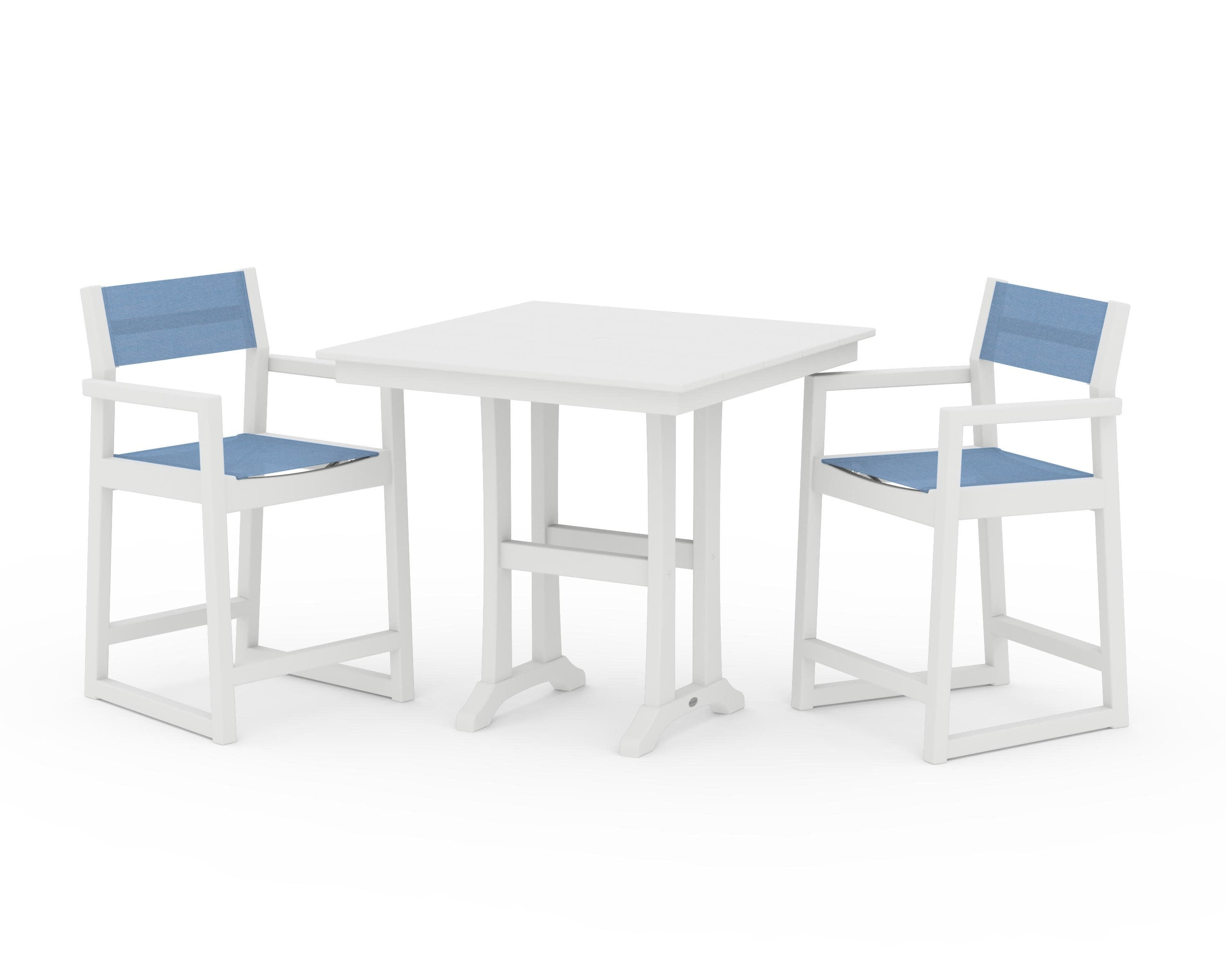 EDGE Sling Arm Chair 3-Piece Farmhouse Counter Set with Trestle Legs in White / Poolside Sling