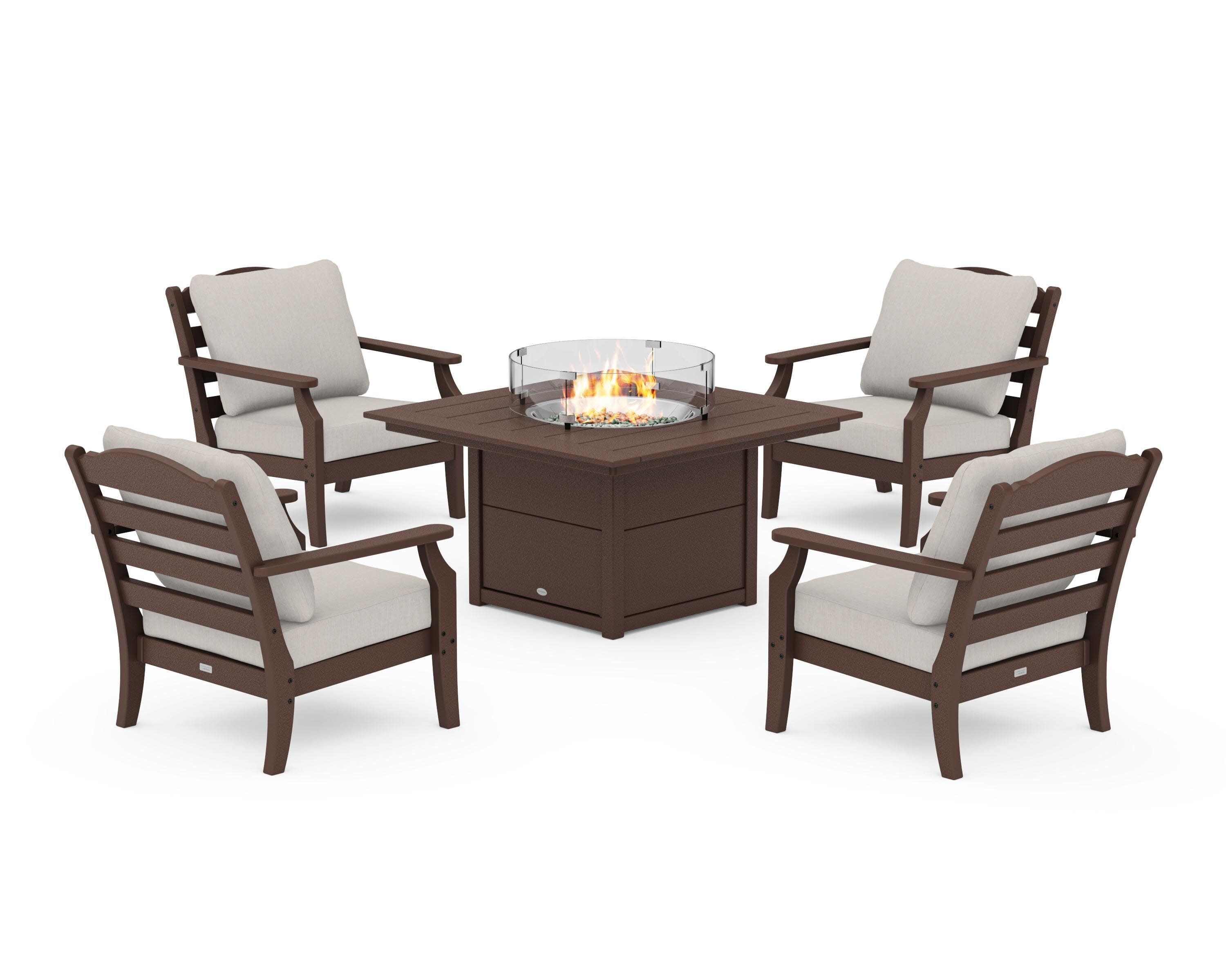 Savannah 5-Piece Deep Seating Set with Fire Pit Table in Mahogany / Cast Ash