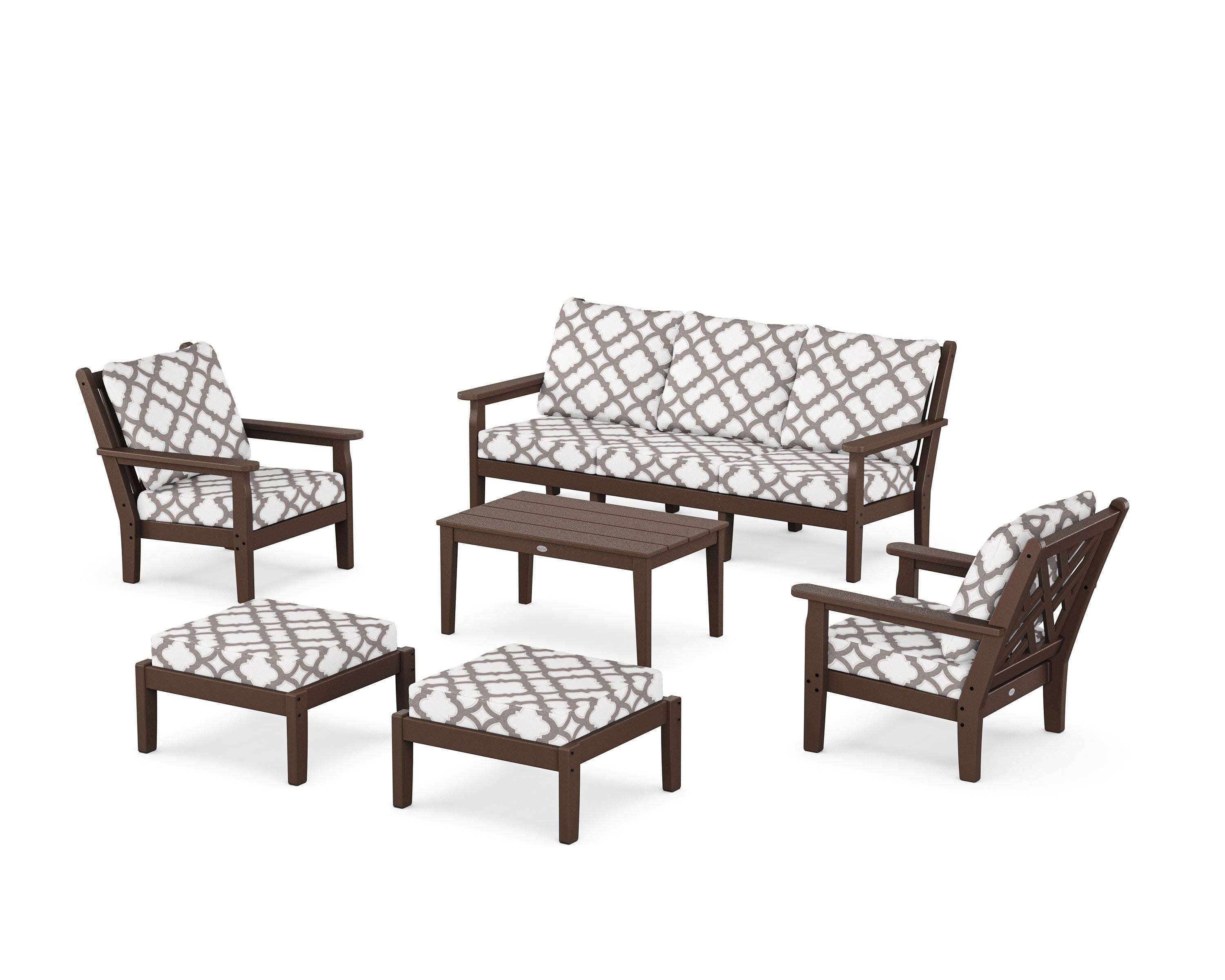 Chippendale 6-Piece Lounge Sofa Set in Mahogany / Trellis Grey Mist