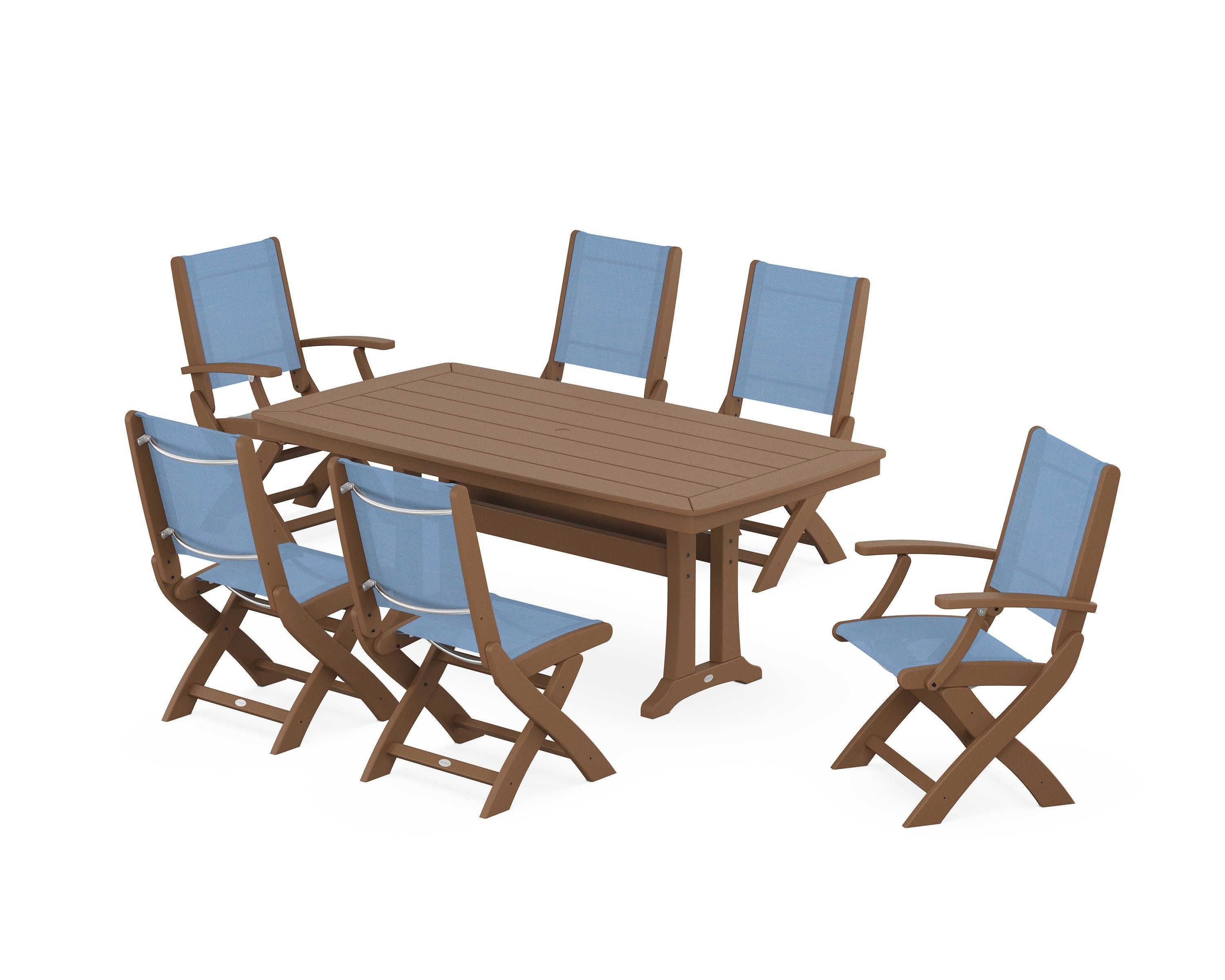Coastal Folding Chair 7-Piece Dining Set with Trestle Legs in Teak / Poolside Sling