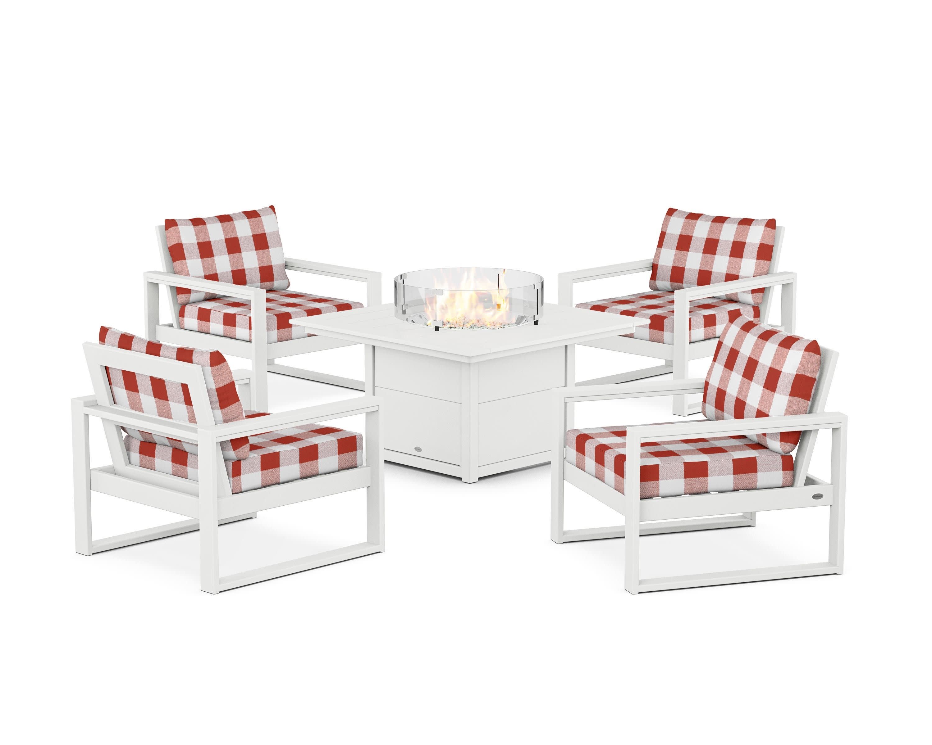 EDGE Sectional 5-Piece Deep Seating Set with Fire Pit Table in White / Buffalo Plaid Crimson