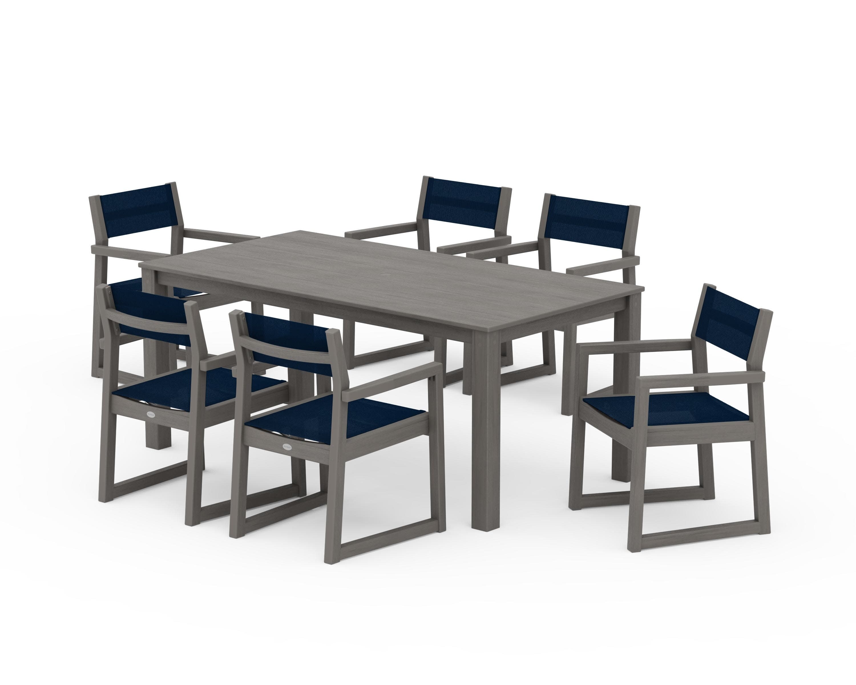 EDGE Sling Arm Chair 7-Piece Parsons Dining Set in Driftwood / Navy Blue Sling