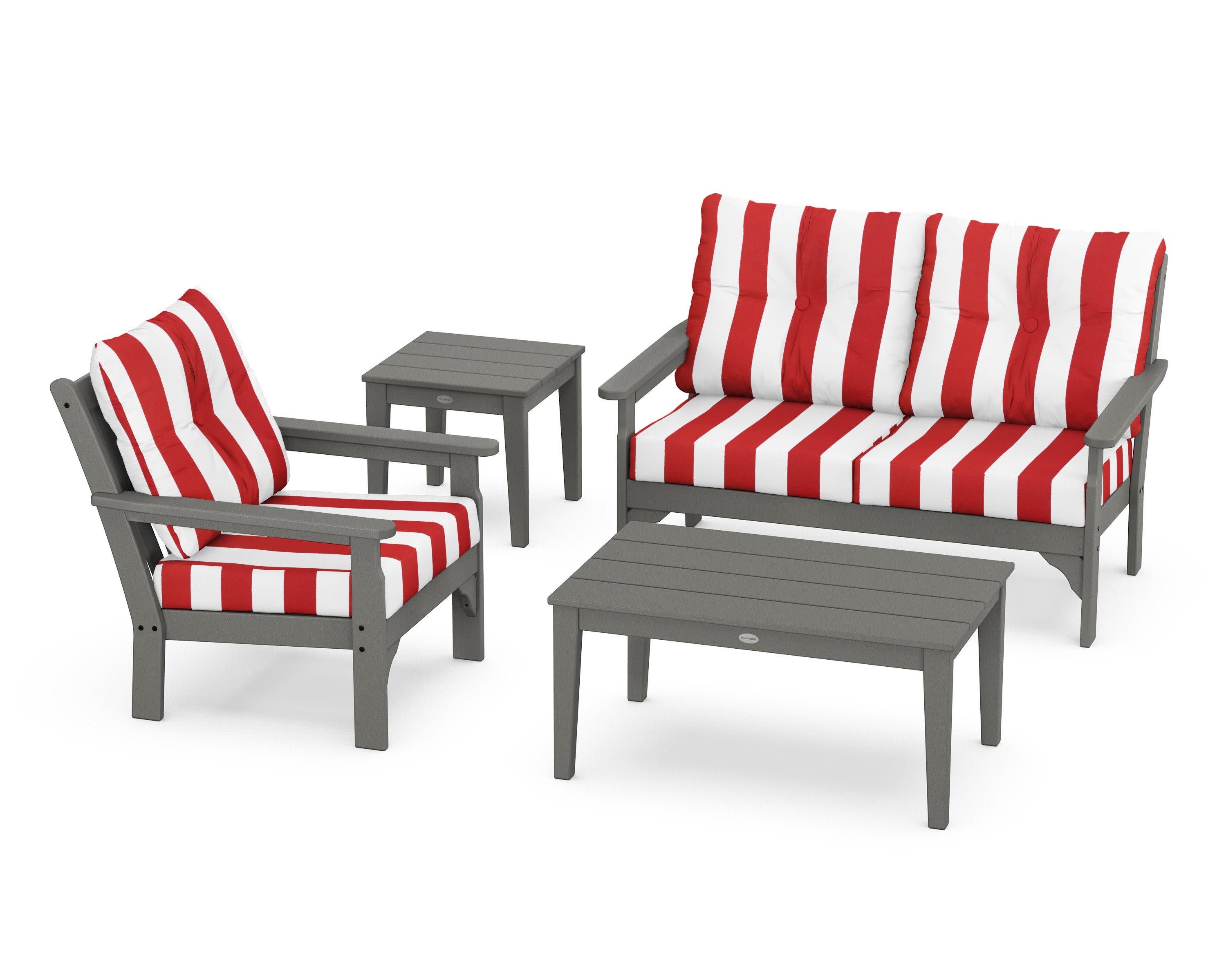 Vineyard 4-Piece Deep Seating Set in Slate Grey / Cabana Stripe Crimson