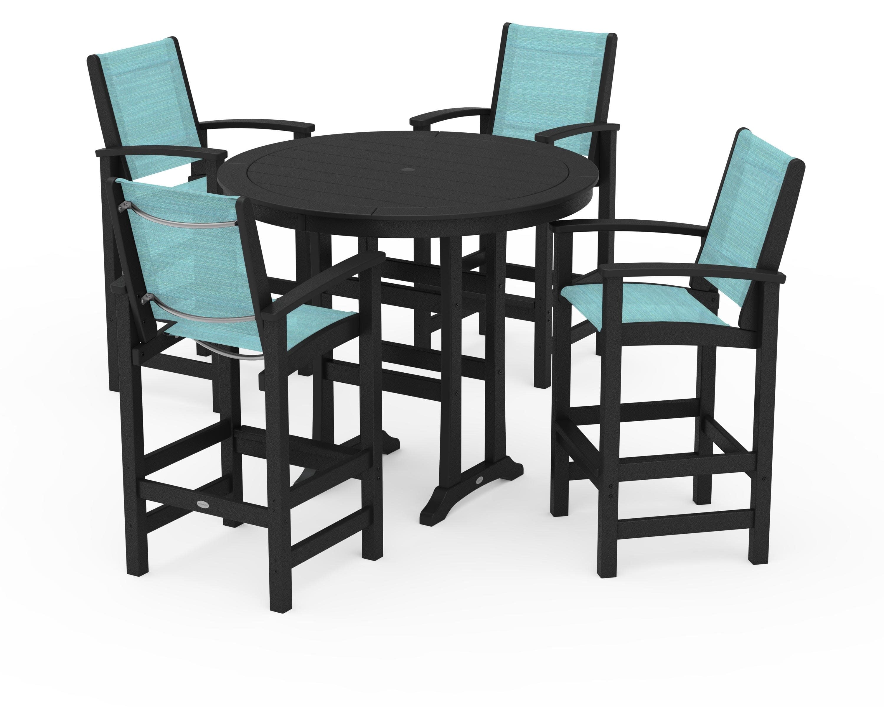 Coastal 5-Piece Nautical Trestle Bar Set in Black / Dupioni Aquamarine Sling