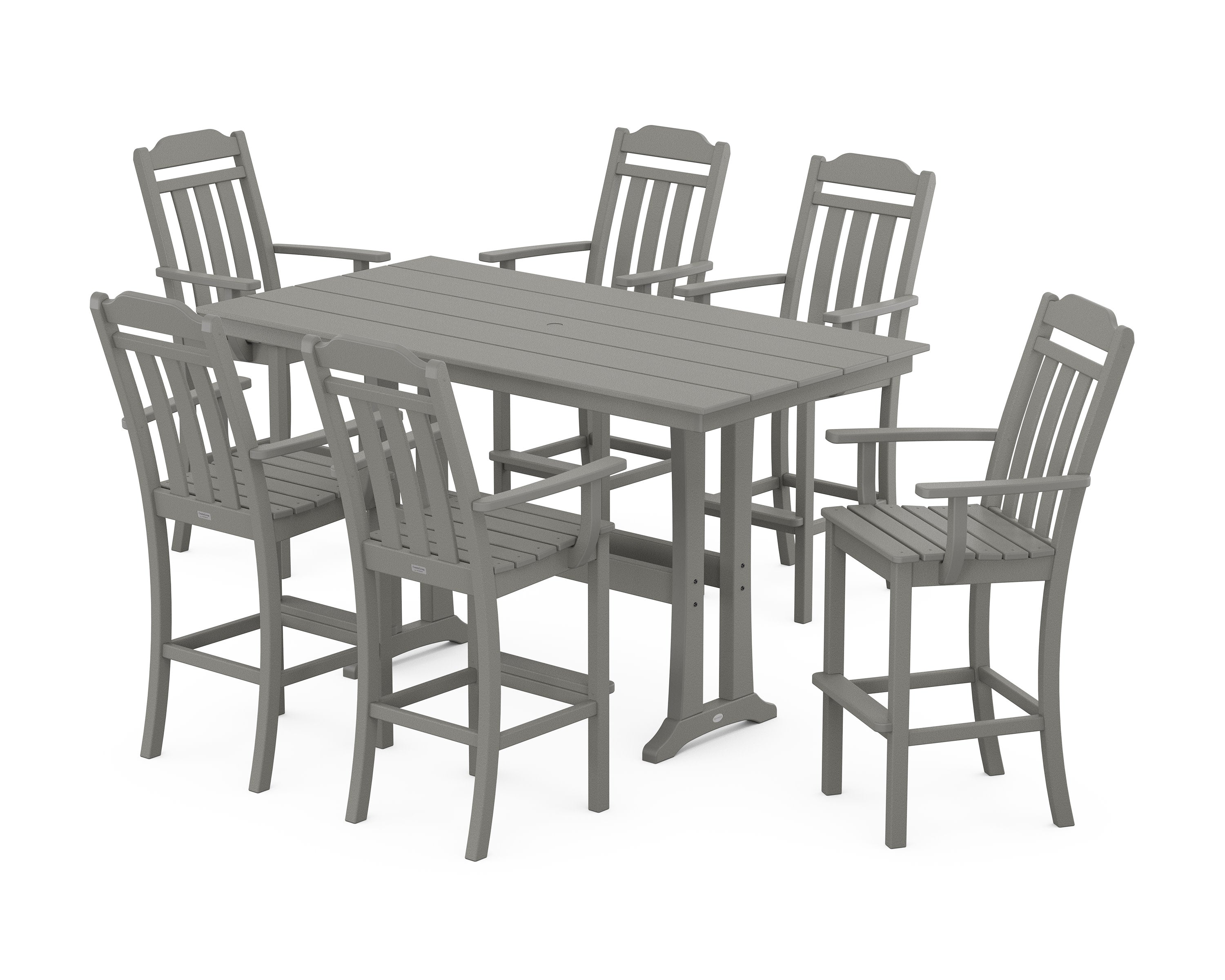 Cottage Arm Chair 7-Piece Farmhouse Bar Set with Trestle Legs in Slate Grey