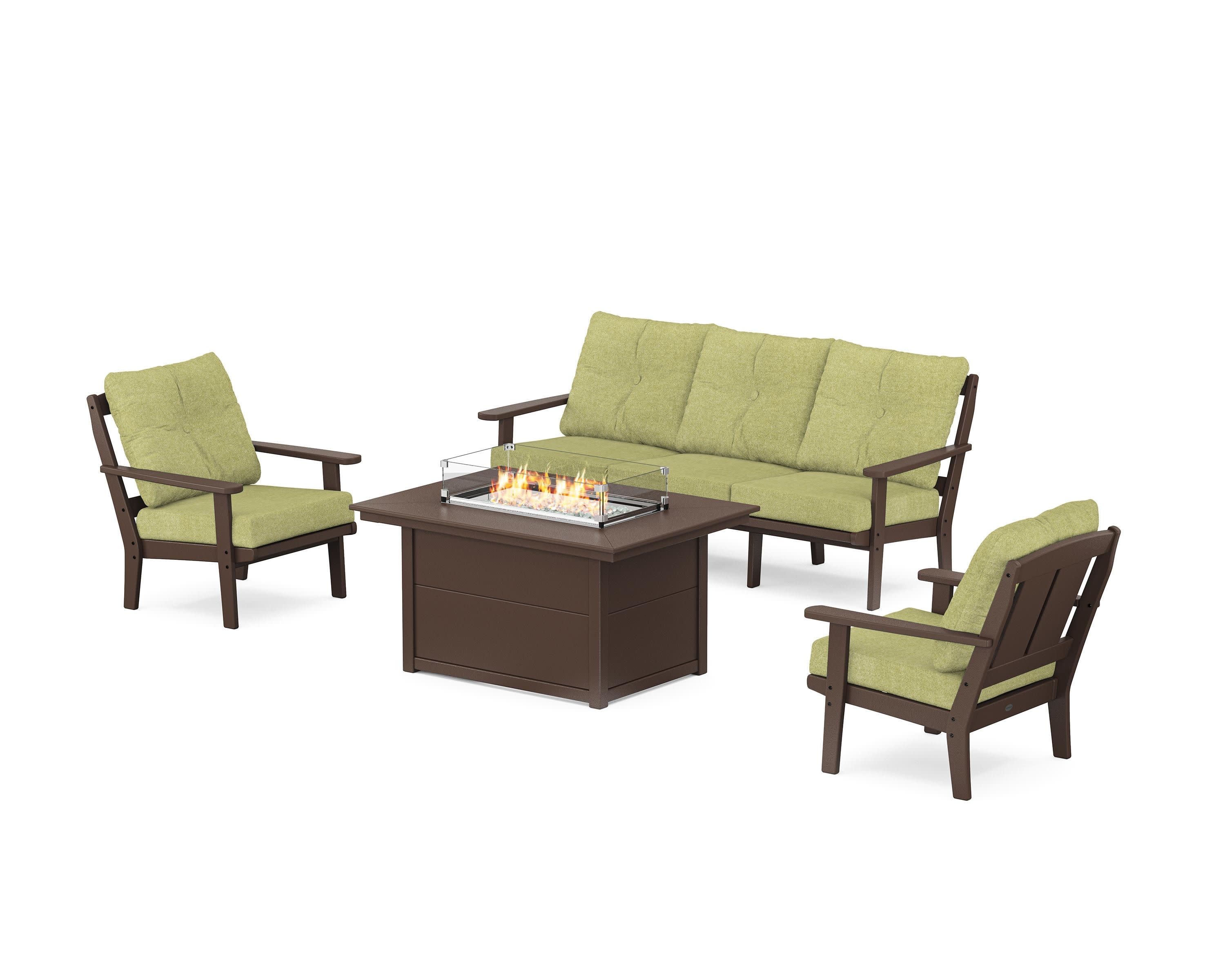Mission Deep Seating Fire Pit Table Set in Mahogany / Chartreuse Boucle