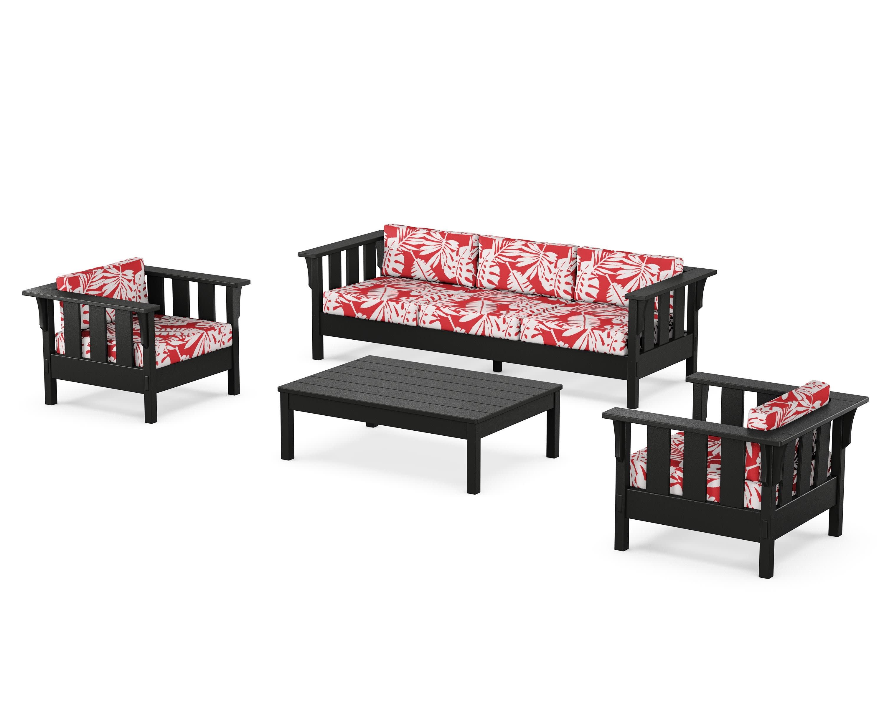 Acadia 4-Piece Deep Seating Set with Sofa in Black / Leaf Crimson